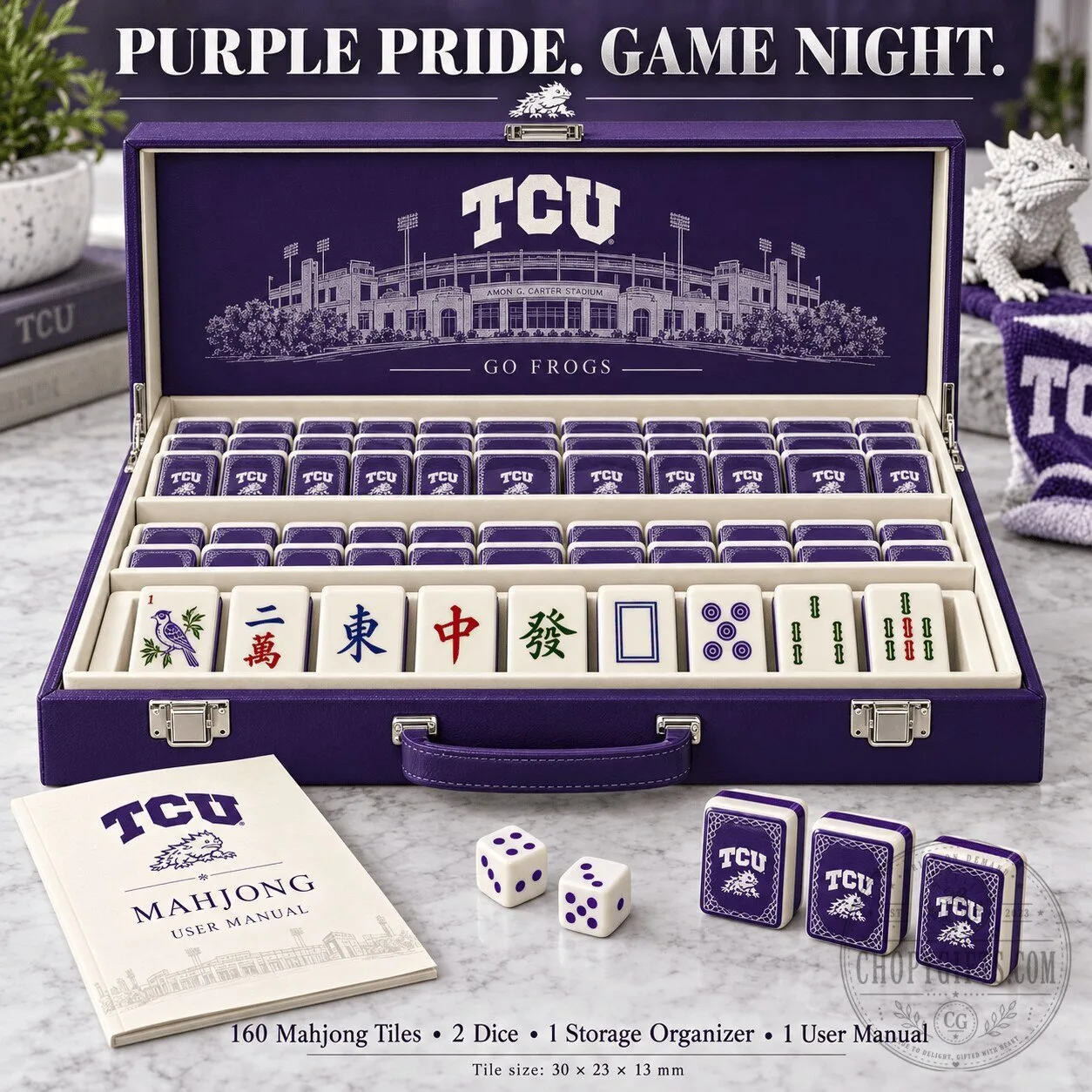 Texas Christian University Horned Frogs Mahjong Tiles Game Set with Storage Case 2 Texas Christian University Horned Frogs Mahjong Tiles Game Set with Storage Case