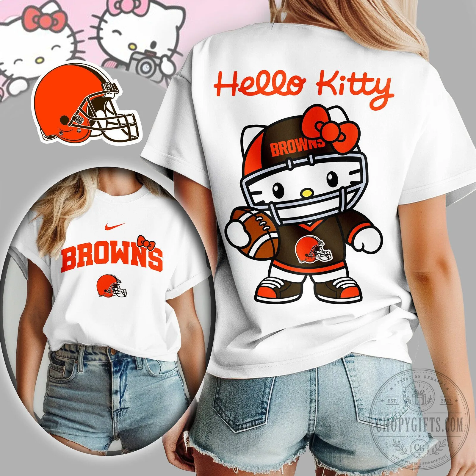 Hello Kitty Cleveland Browns Football Team Women's White T-Shirt