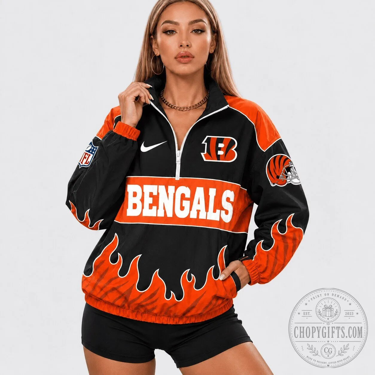 Cincinnati Bengals NFL Flame Design Quarter-Zip Pullover Windbreaker Jacket