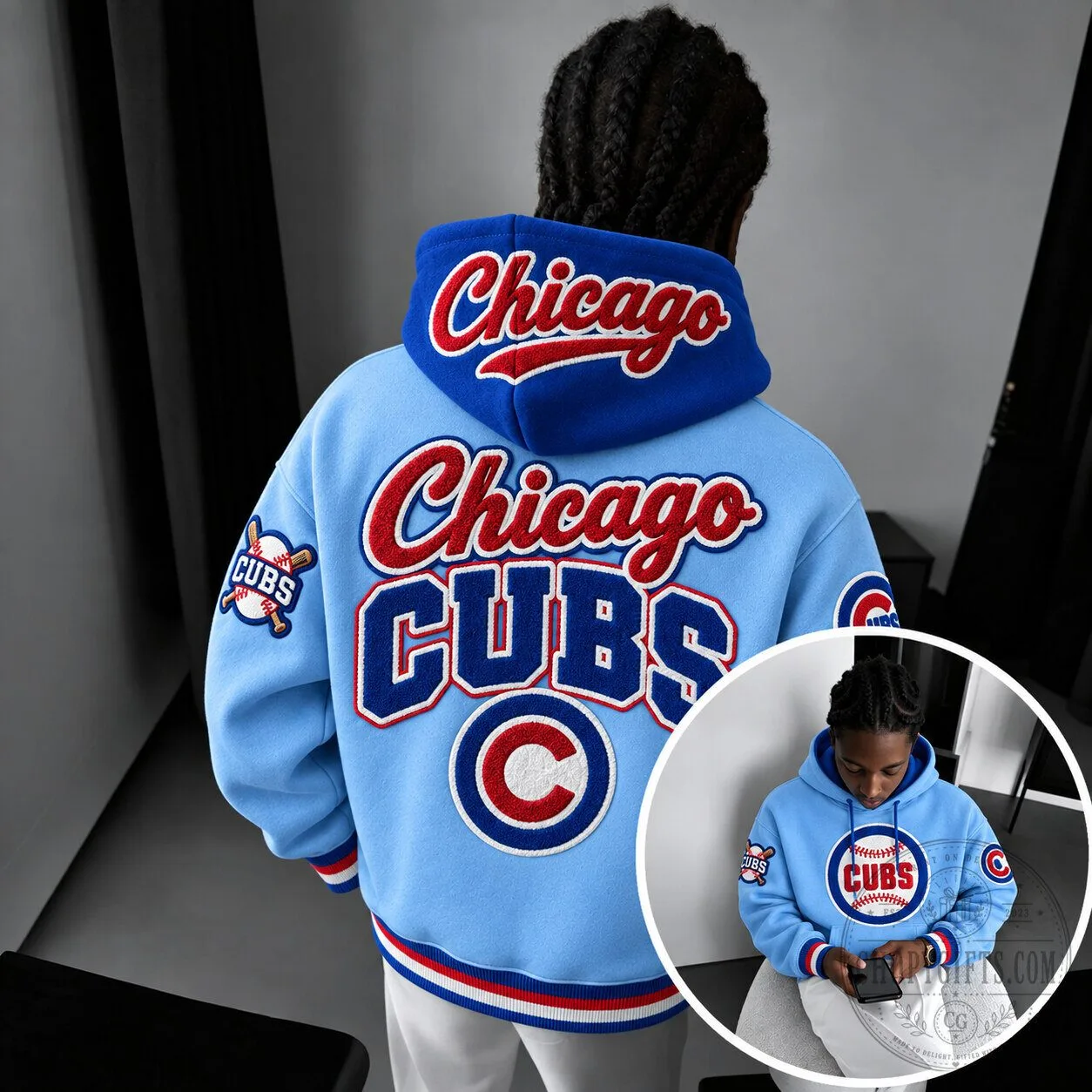 Chicago Cubs Baseball Logo Embroidered Light Blue Hoodie