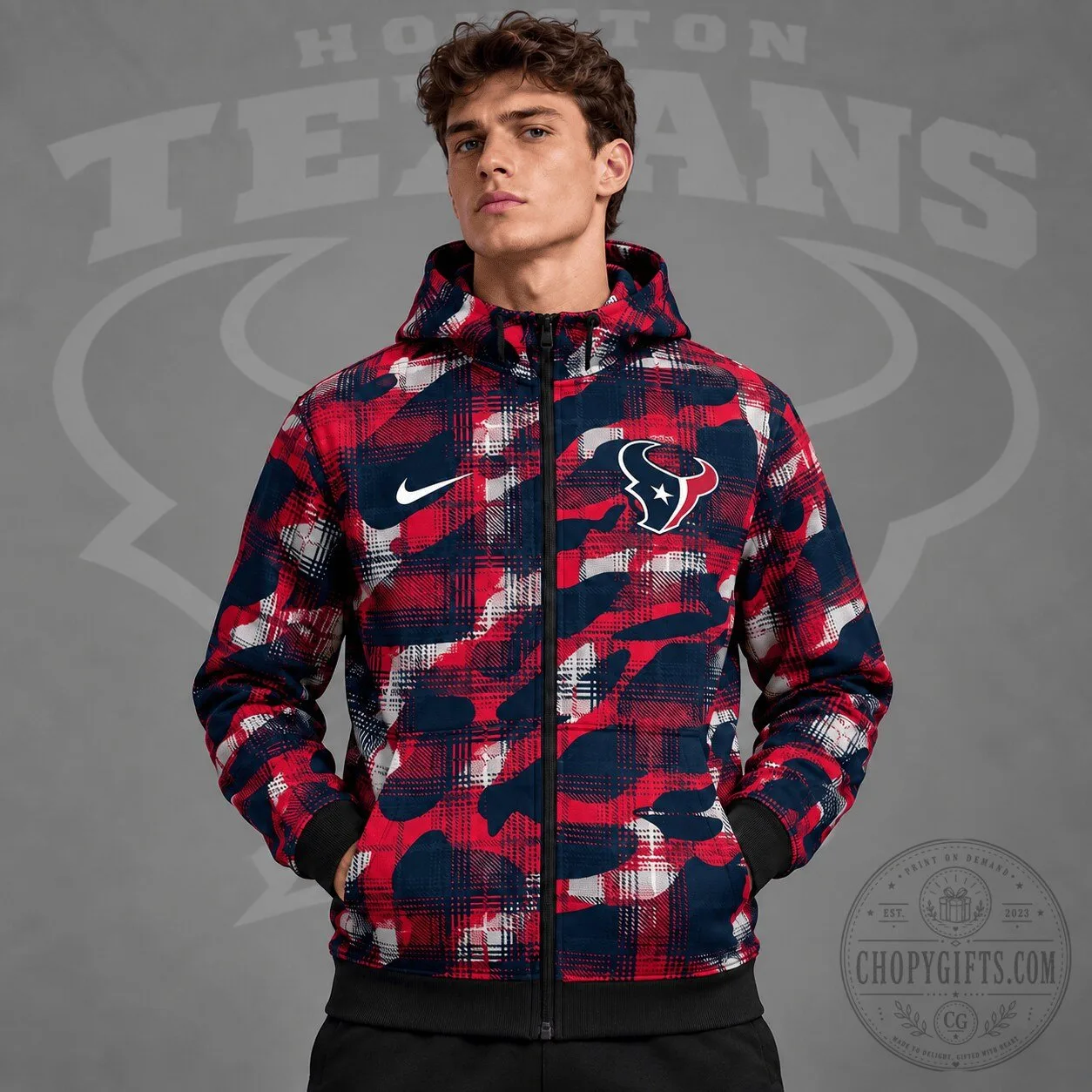 Houston Texans Plaid Camouflage Full Zip Hooded Jacket