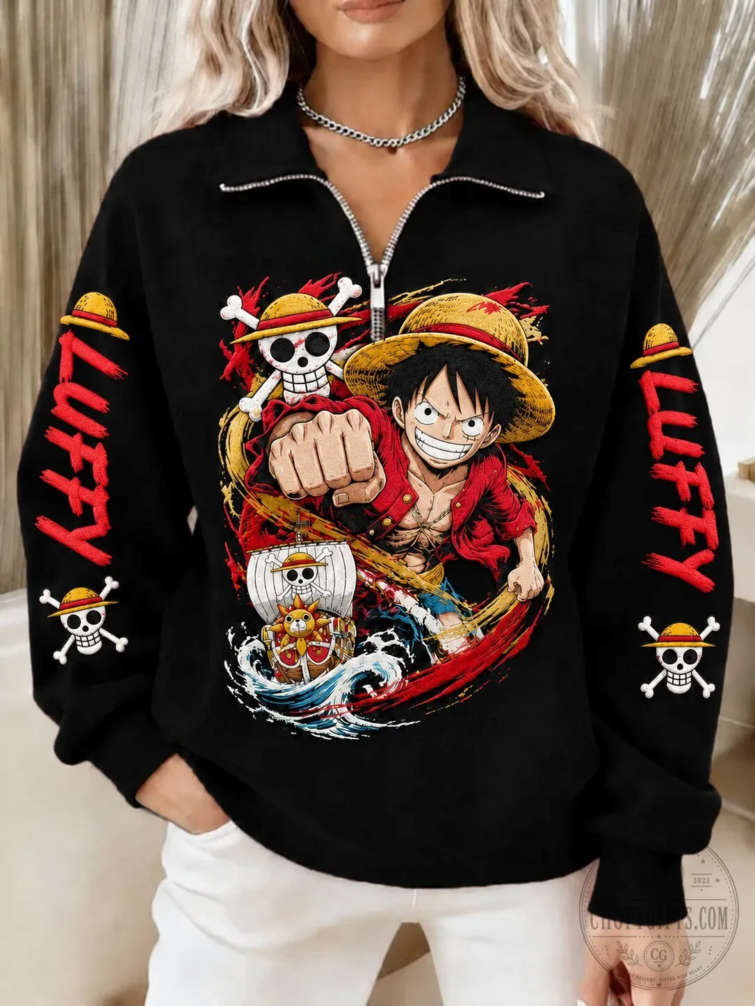 One Piece Monkey D. Luffy Anime Character Print Quarter-Zip Sweatshirt