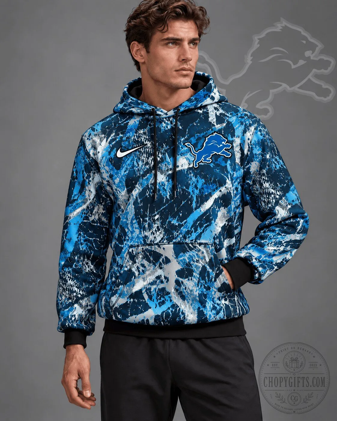 Detroit Lions National Football League Team Crest Distressed Camouflage Hoodie