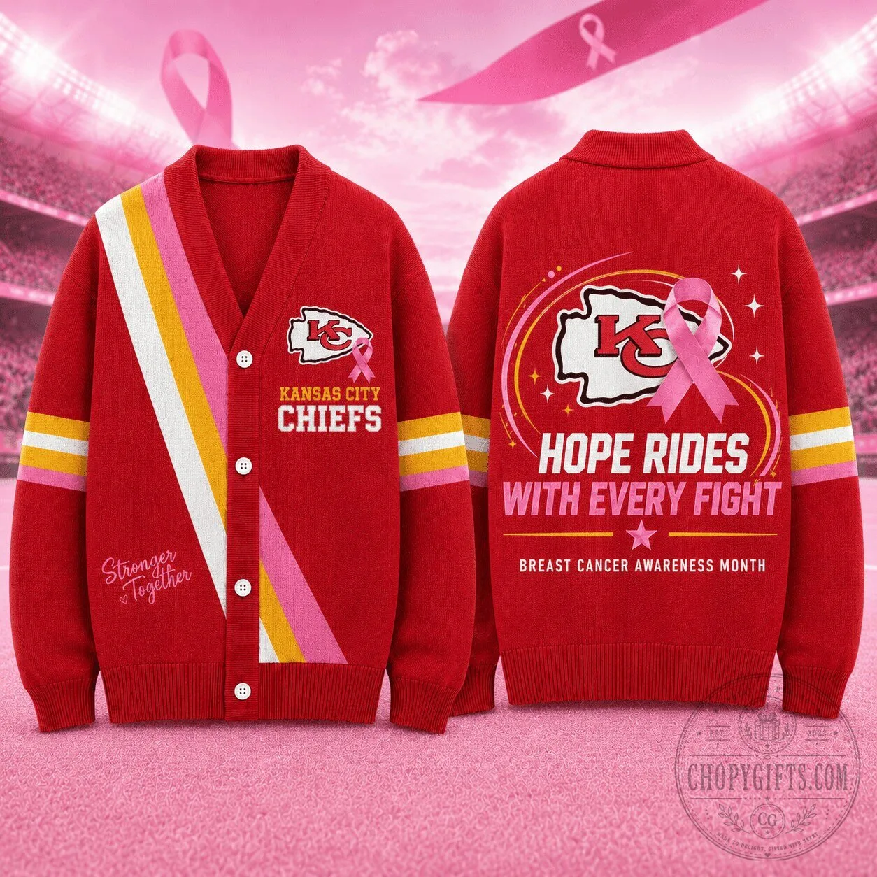 Breast Cancer Awareness Cardigan with Kansas City Chiefs Hope Rides With Every Fight Design 2 Breast Cancer Awareness Cardigan with Kansas City Chiefs Hope Rides With Every Fight Design