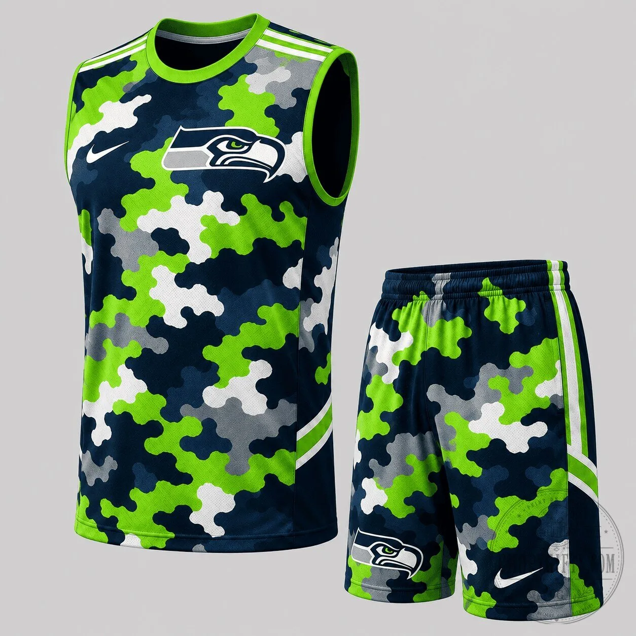 Seattle Seahawks Camouflage Print Sleeveless Basketball Jersey and Shorts Set