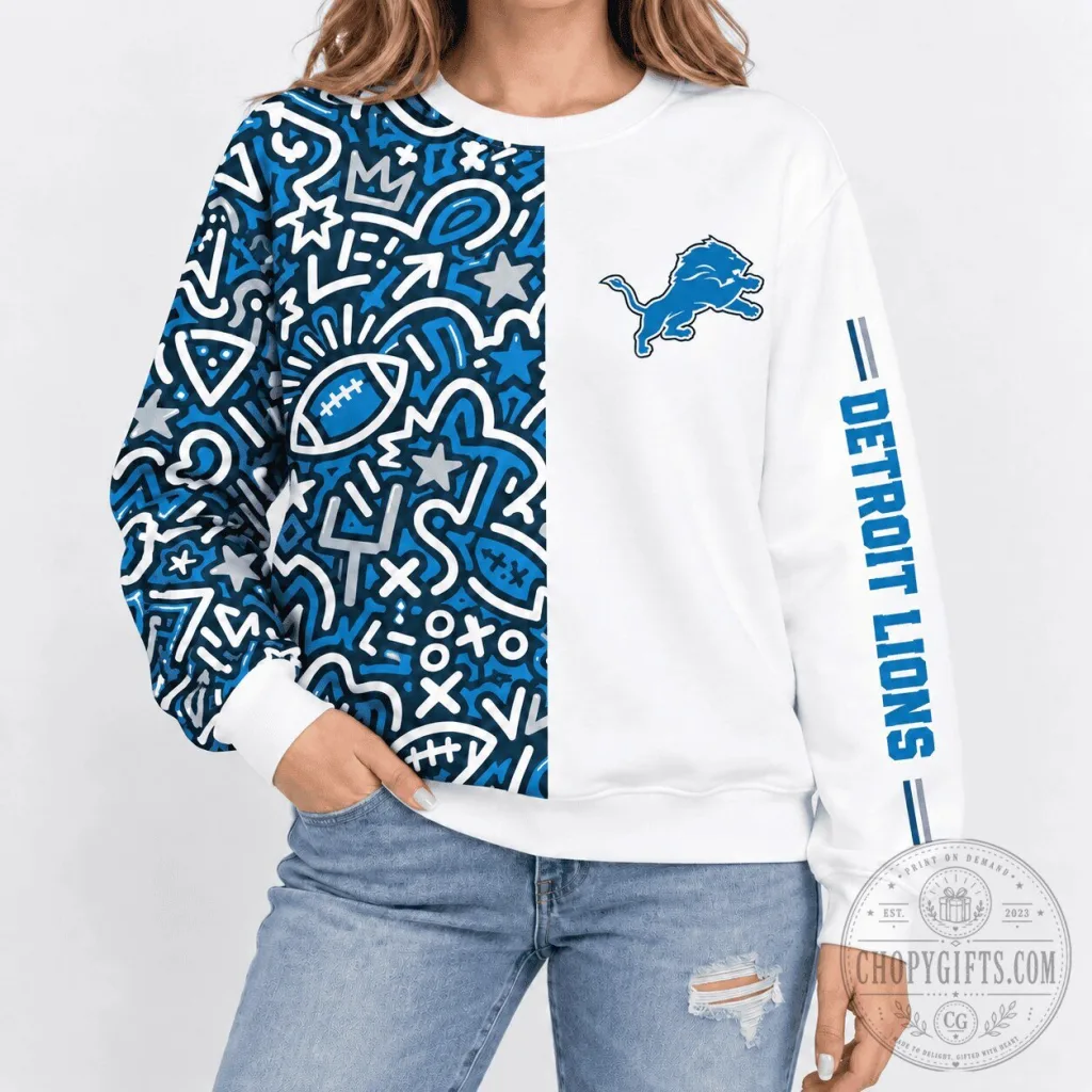 Detroit Lions NFL Football Doodle Art White And Blue Crewneck Sweatshirt Detroit Lions NFL Football Doodle Art White And Blue Crewneck Sweatshirt