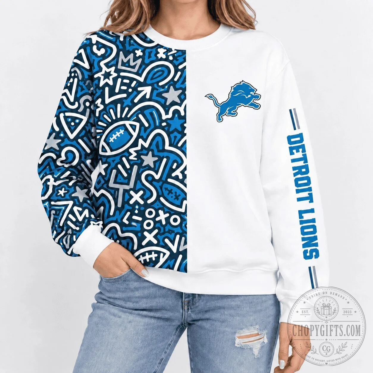 Detroit Lions NFL Football Doodle Art White And Blue Crewneck Sweatshirt