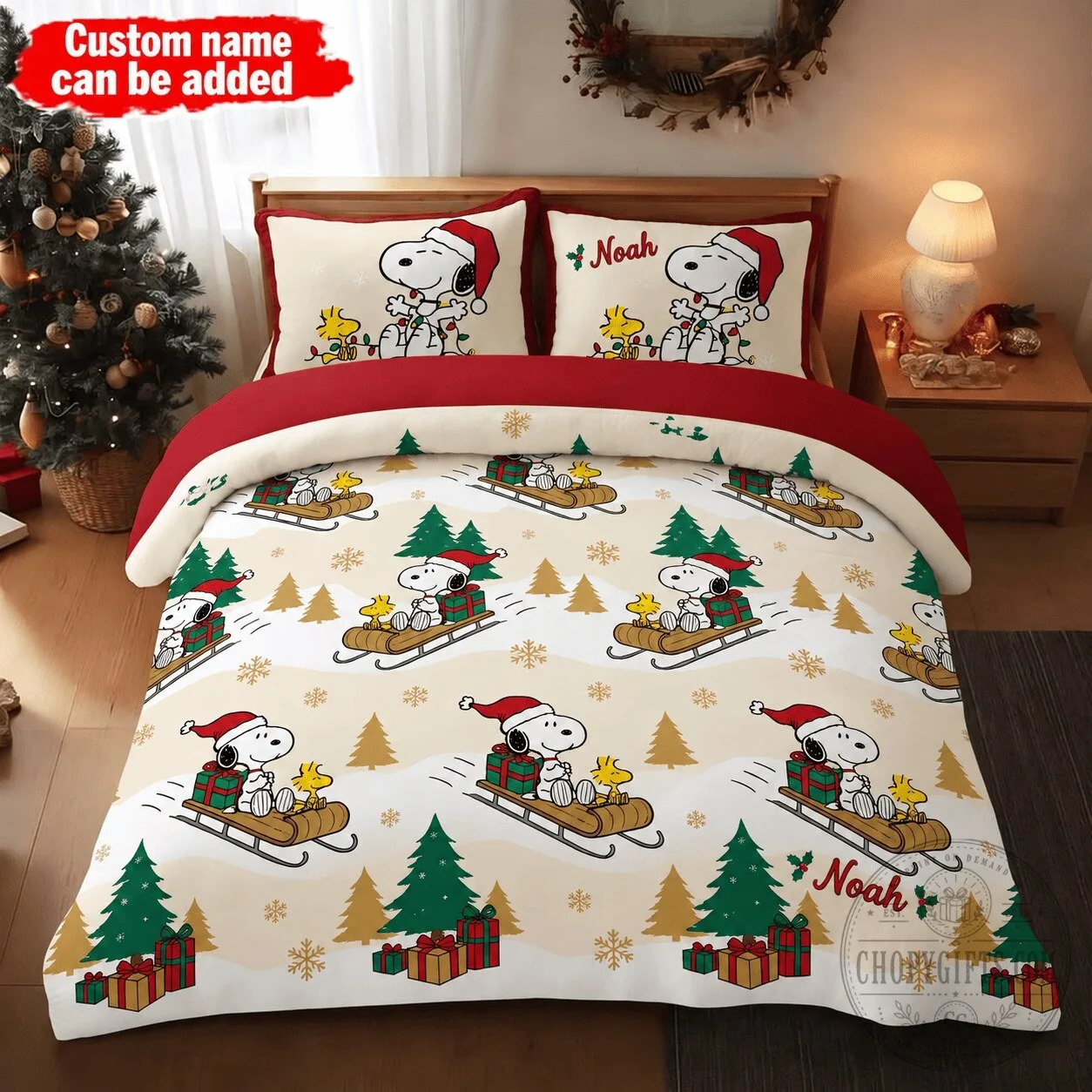 Snoopy and Woodstock Christmas Sledding Personalized Bedding Set