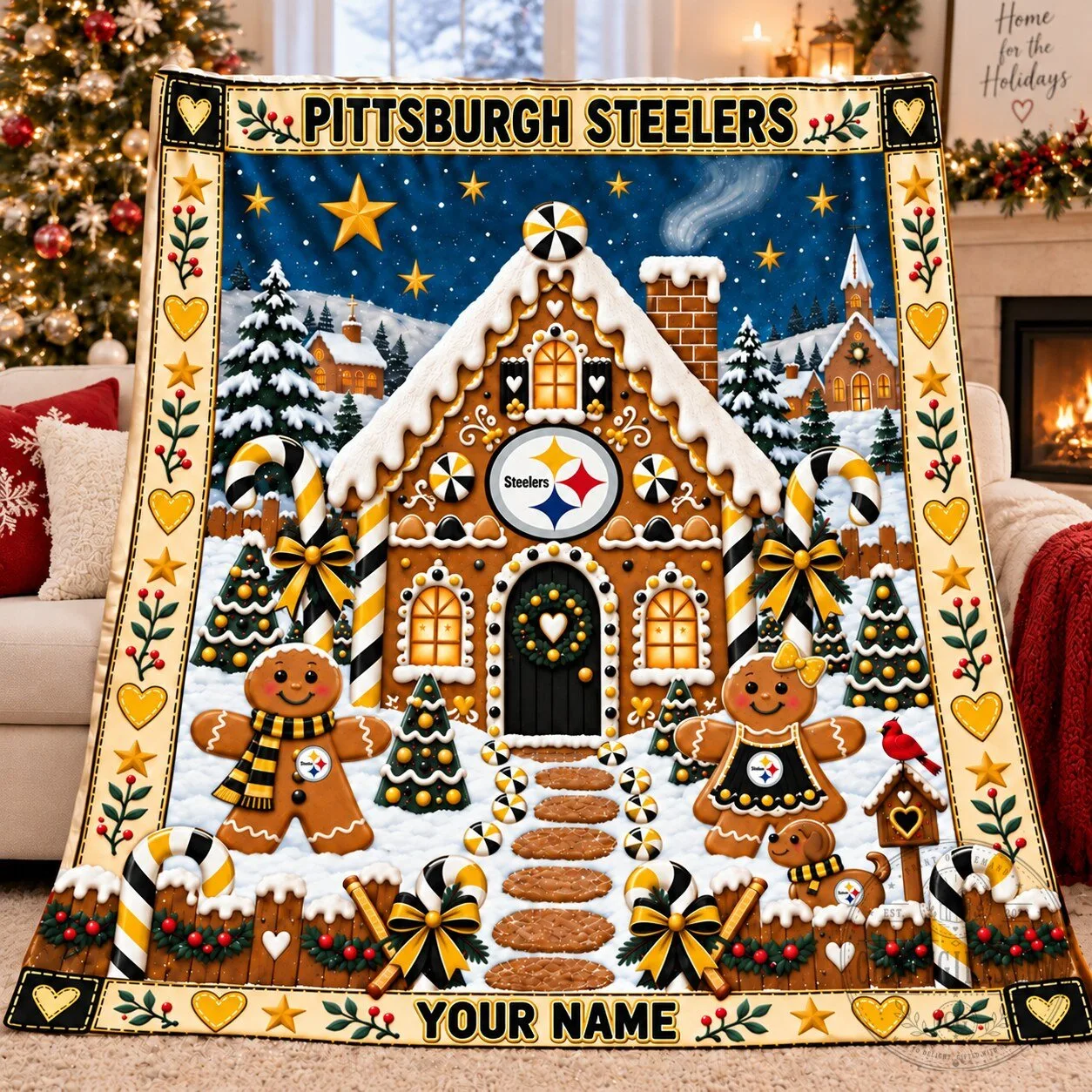 Pittsburgh Steelers Christmas Gingerbread House Winter Holiday Fleece Blanket