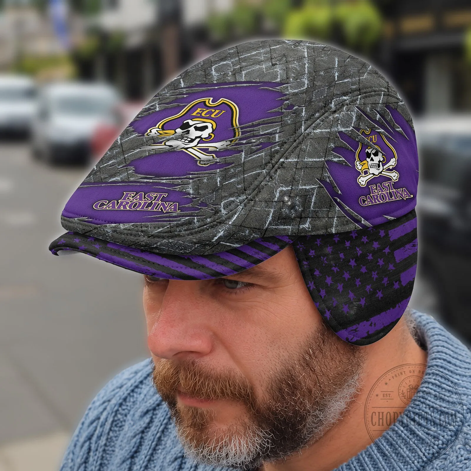 East Carolina Pirates NCAA Distressed Brick Flat Cap with Ear Flaps