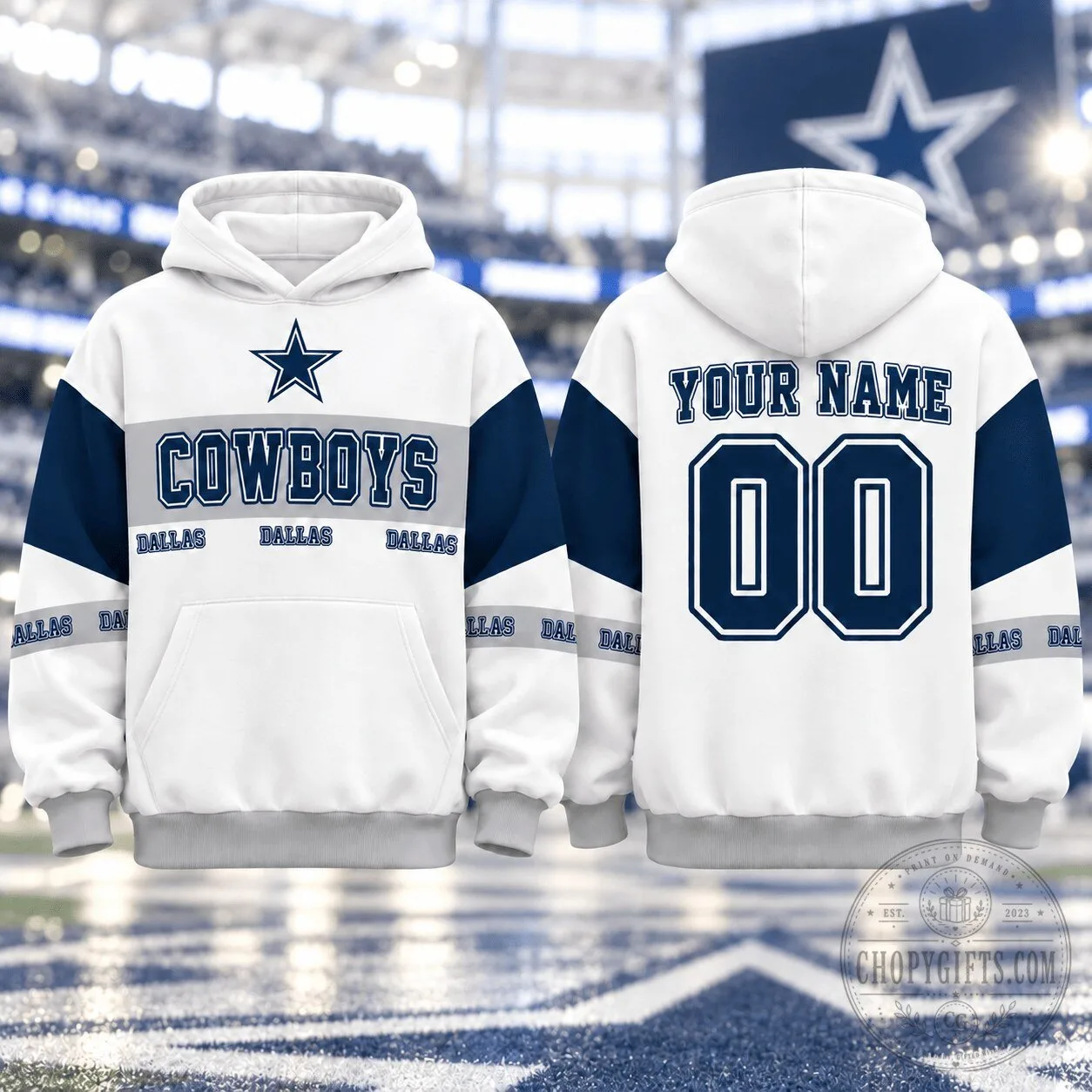 Dallas Cowboys Custom Name And Number White And Navy Blue Football Hoodie