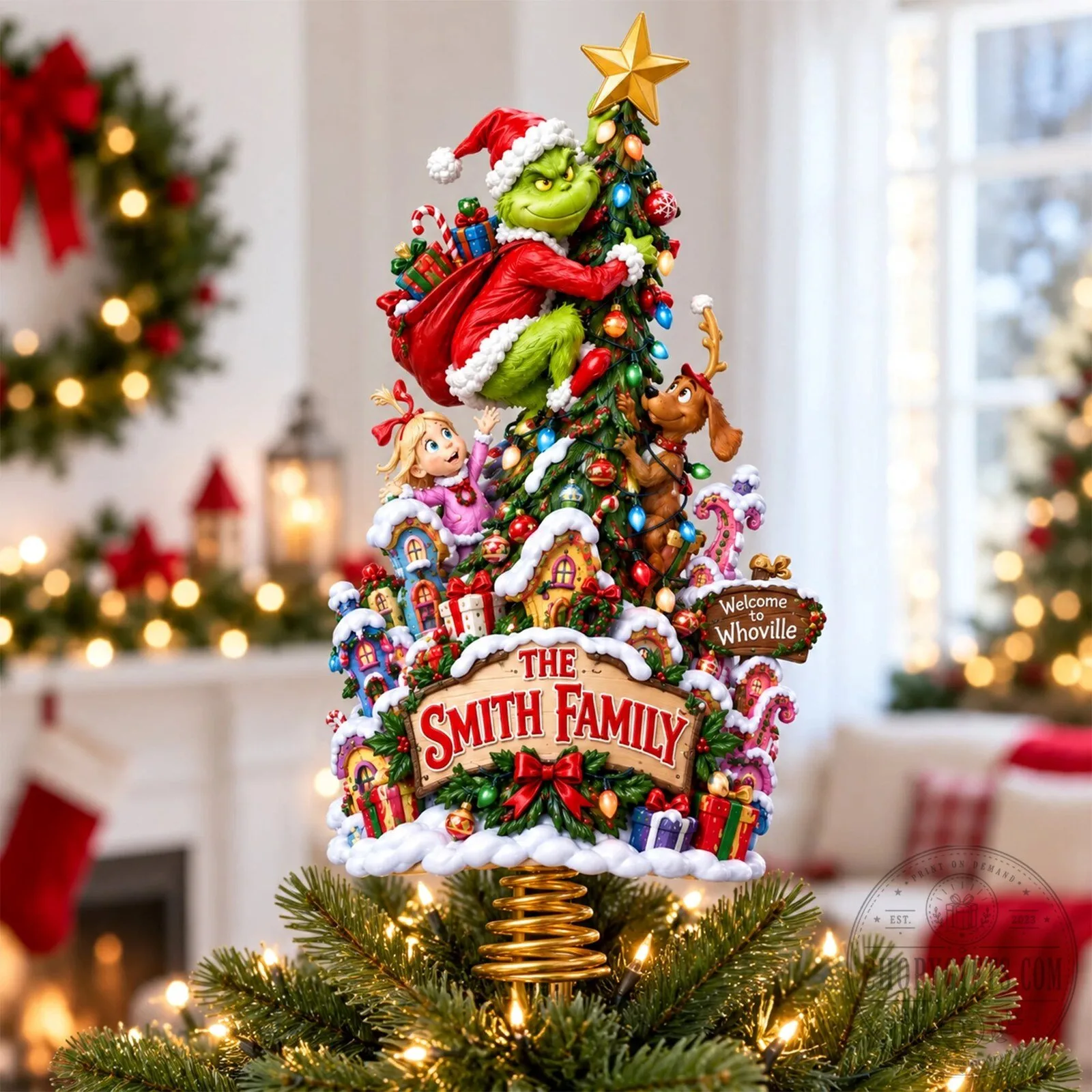 Grinch Stealing Christmas Tree Topper with Cindy Lou Who and Max Dog