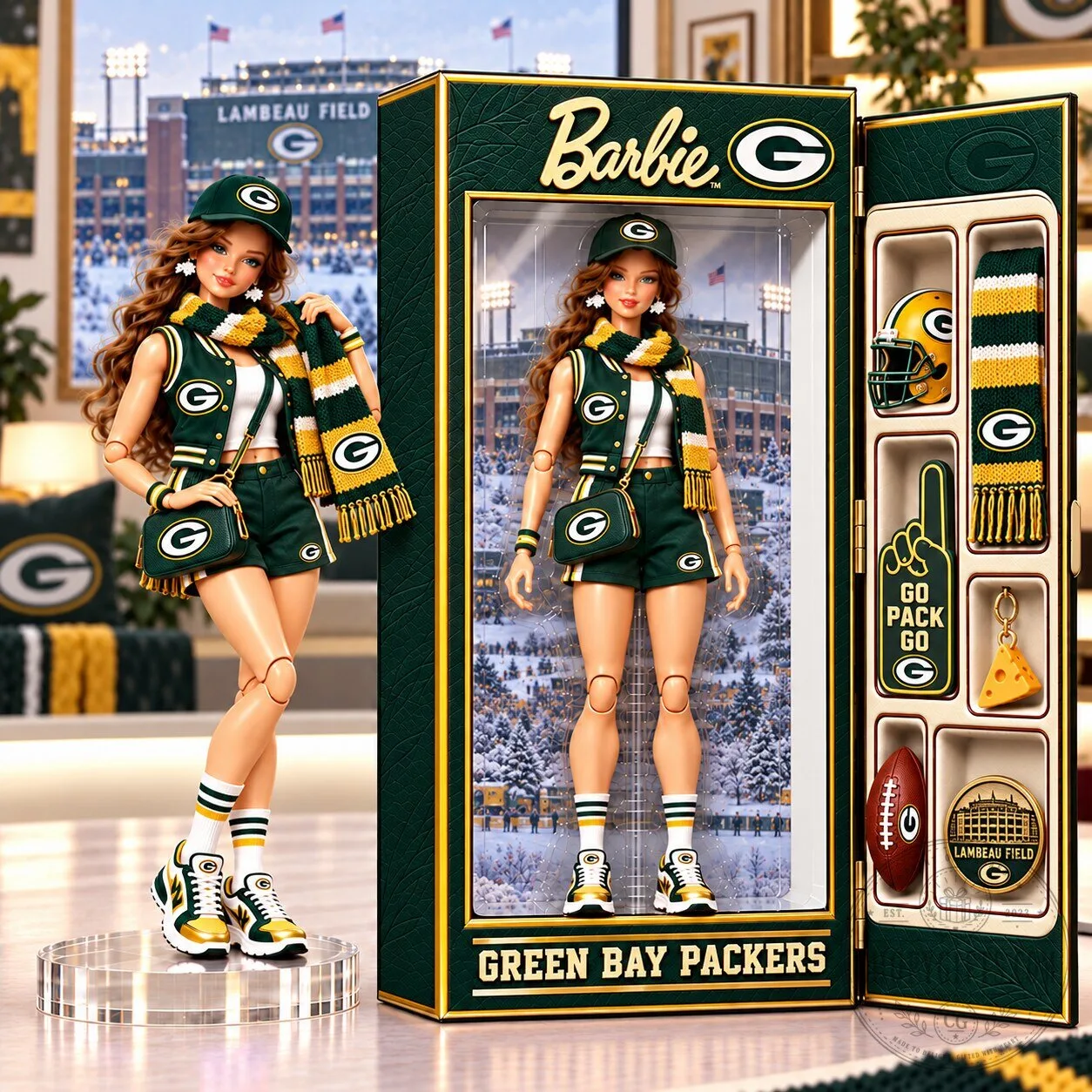 Green Bay Packers Barbie Doll with Lambeau Field Accessories 1 Green Bay Packers Barbie Doll with Lambeau Field Accessories