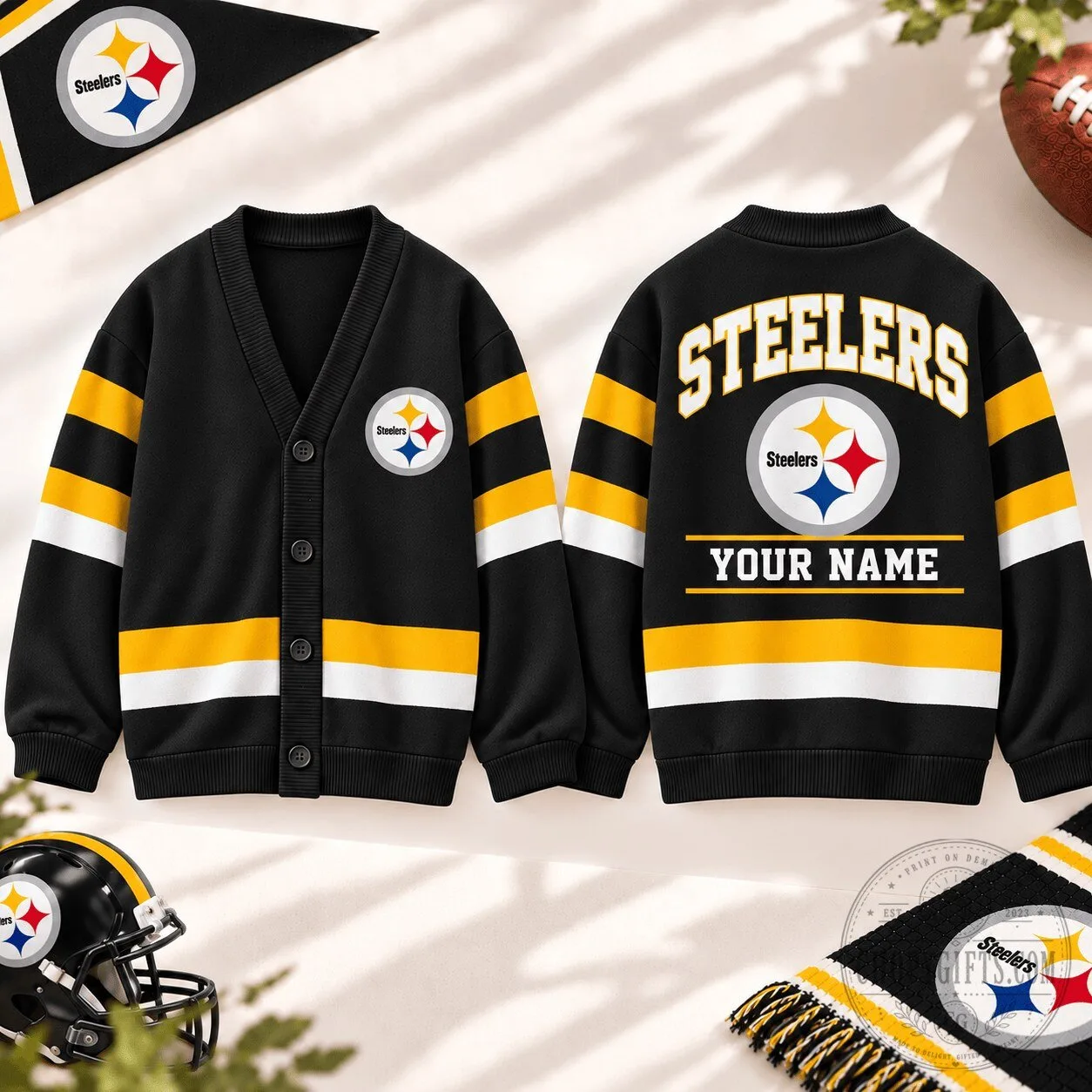 Pittsburgh Steelers Personalized Black and Gold Striped V-Neck Cardigan Sweater