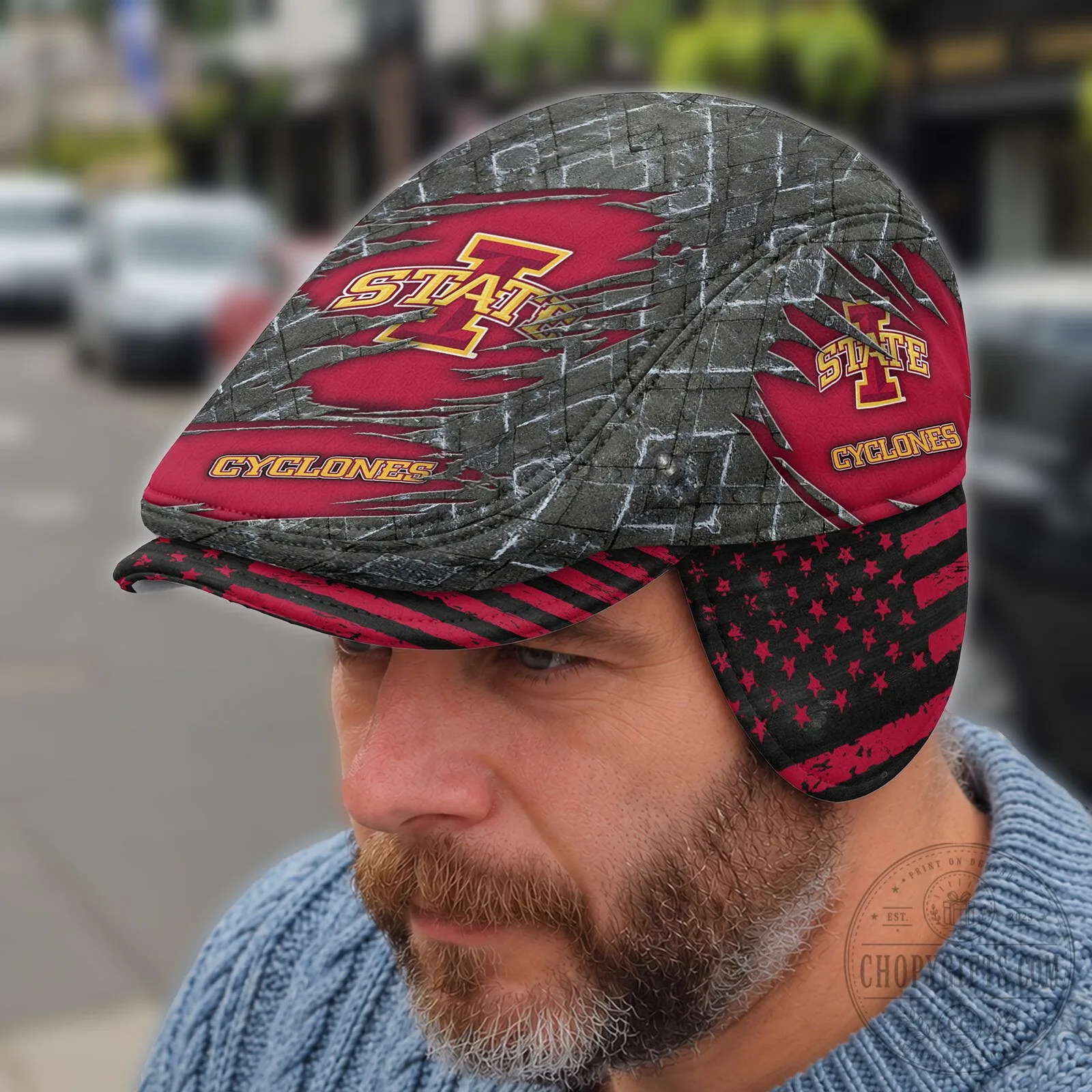 Iowa State Cyclones Distressed Brick Pattern Flat Cap with Ear Flaps