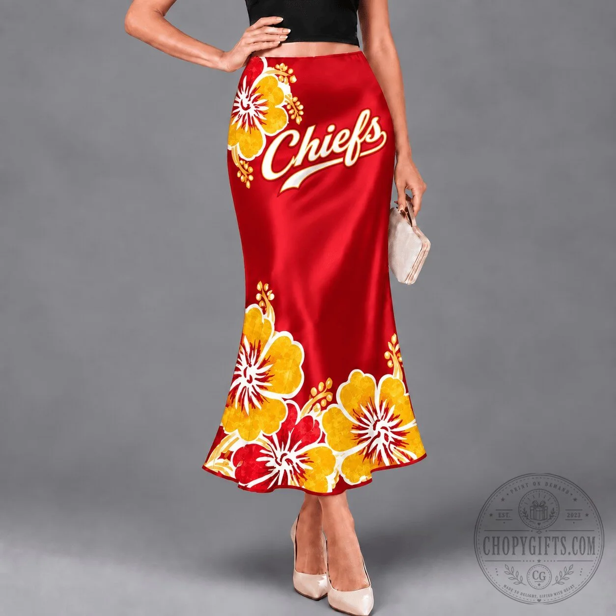 Kansas City Chiefs Tropical Hibiscus Floral Red Satin Maxi Skirt 5 Kansas City Chiefs Tropical Hibiscus Floral Red Satin Maxi Skirt