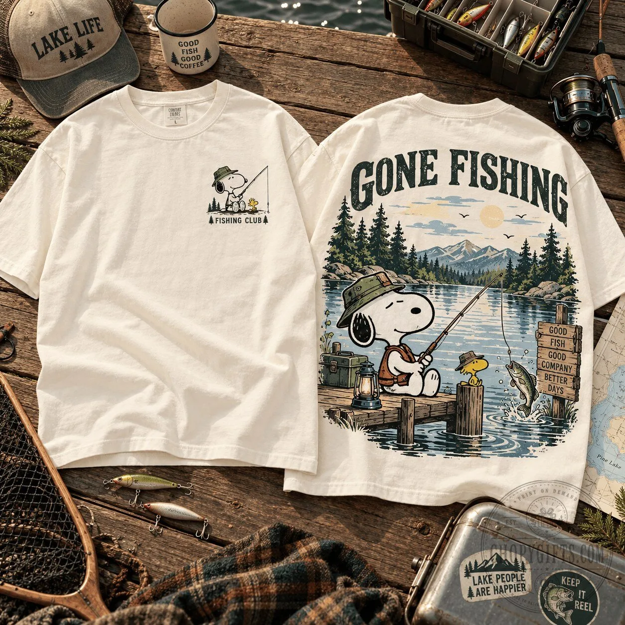 Snoopy Gone Fishing Lake Life Peanuts Cartoon Character Graphic T-Shirt