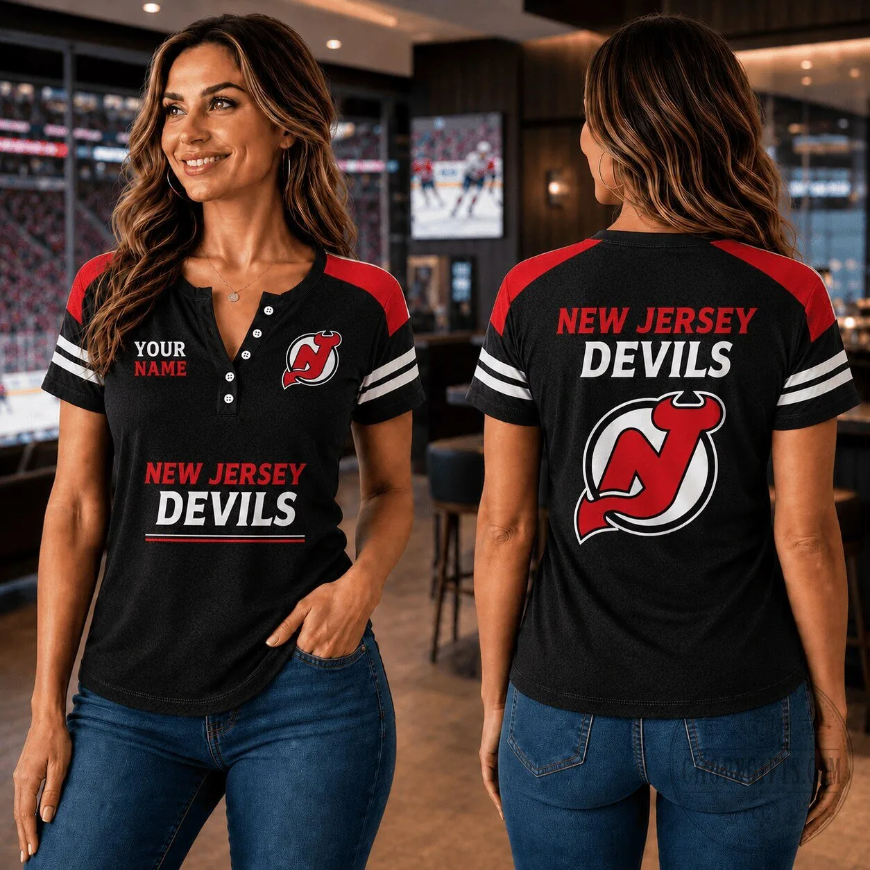 New Jersey Devils Personalized Women's V-Neck Button T-Shirt
