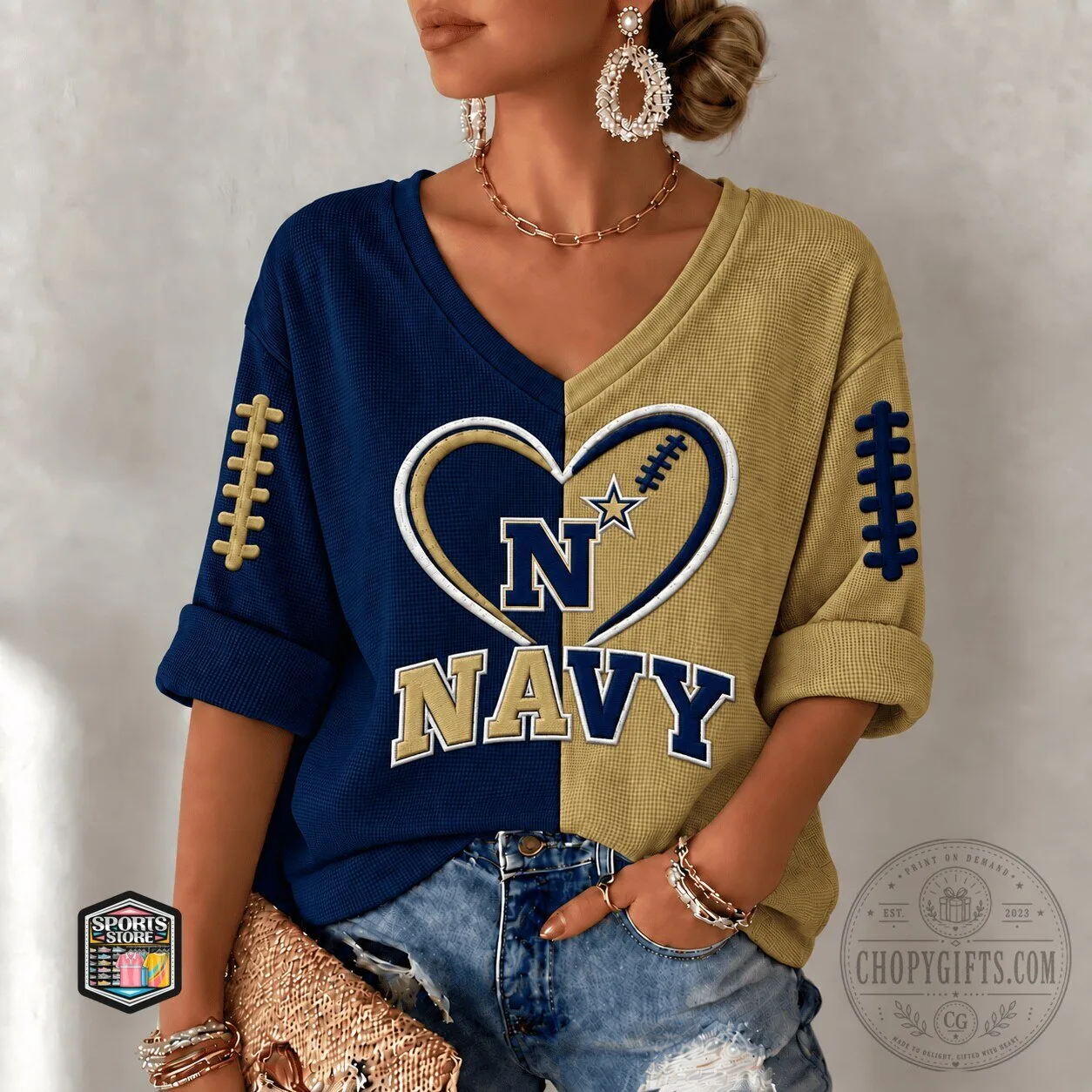 Navy Midshipmen Football Team Heart Logo Split Color V-Neck Long Sleeve Shirt
