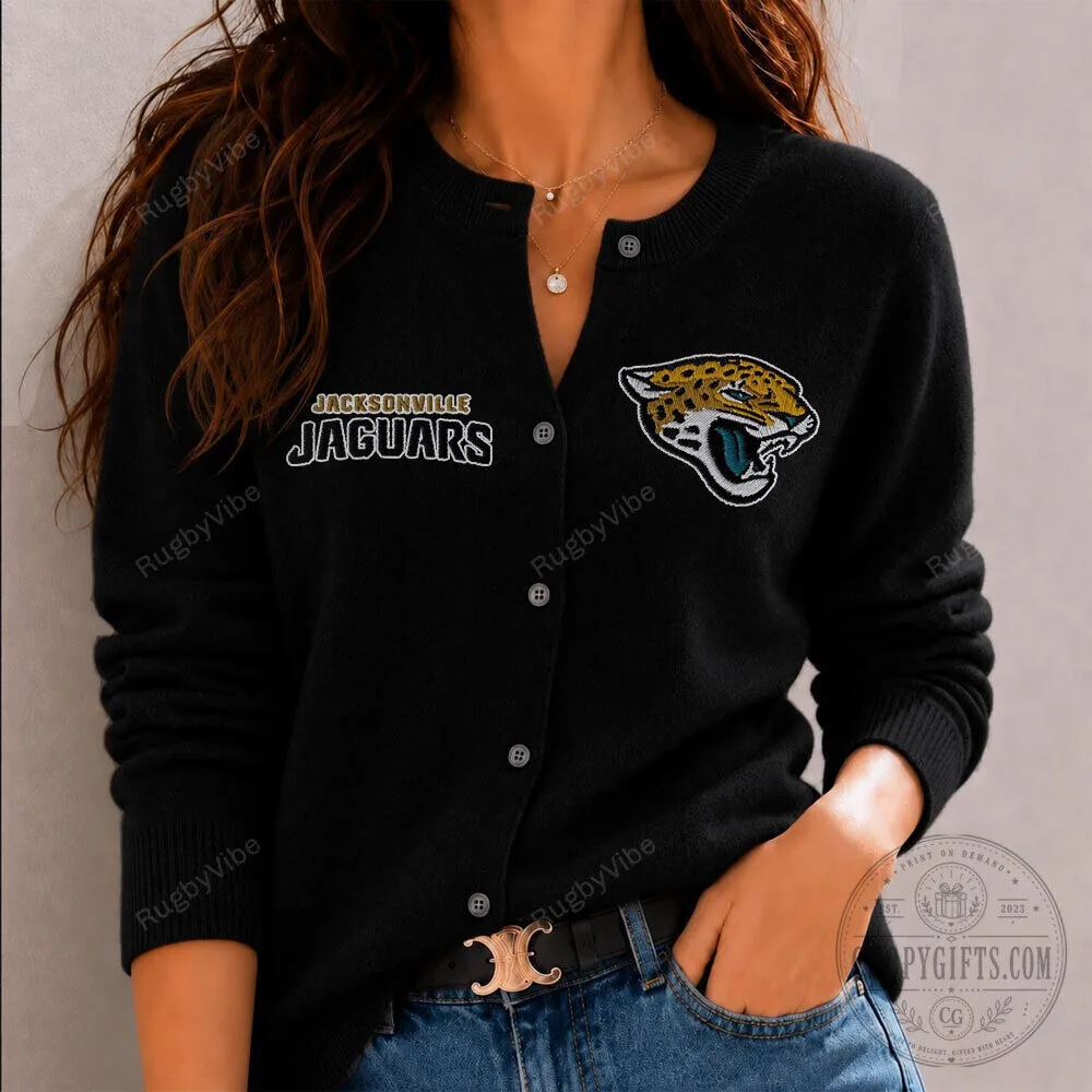 Jacksonville Jaguars Football Team Embroidered Black Cardigan Sweater