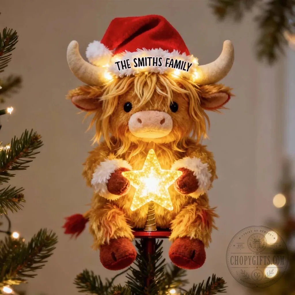 Highland Cow Personalized Christmas Tree Topper with Santa Hat and Star 17 Highland Cow Personalized Christmas Tree Topper with Santa Hat and Star