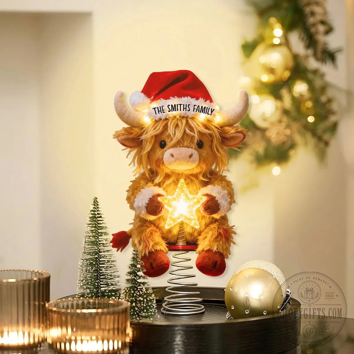 Highland Cow Personalized Christmas Tree Topper with Santa Hat and Star 18 Highland Cow Personalized Christmas Tree Topper with Santa Hat and Star