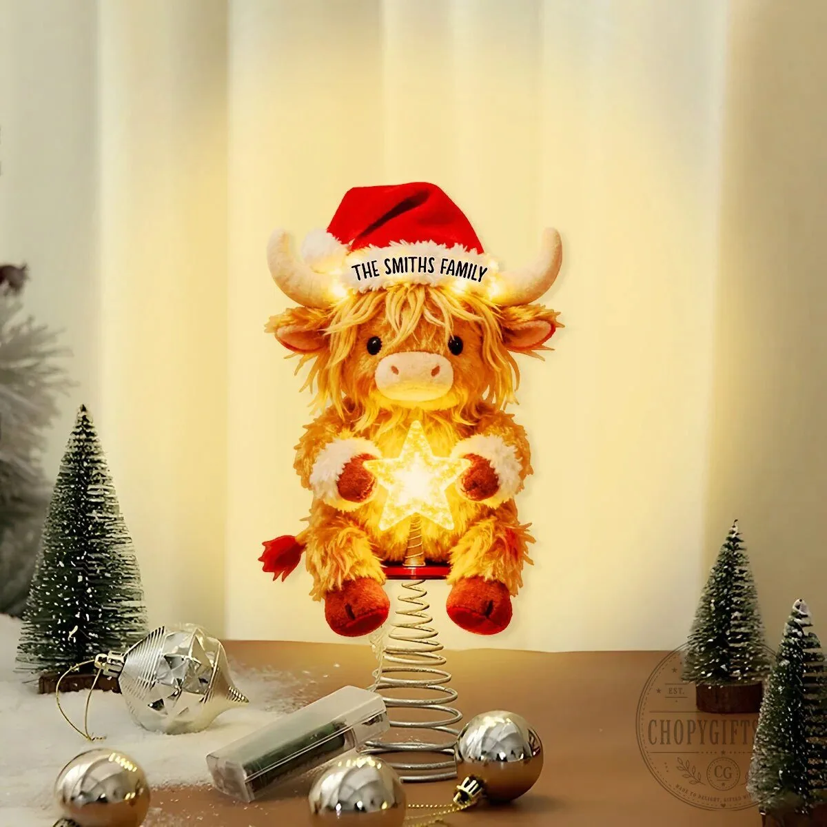 Highland Cow Personalized Christmas Tree Topper with Santa Hat and Star 24 Highland Cow Personalized Christmas Tree Topper with Santa Hat and Star