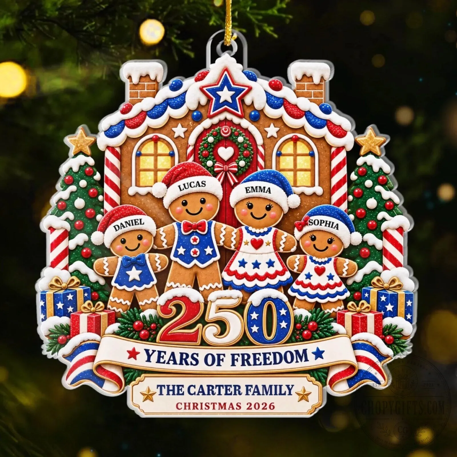 Personalized Gingerbread Family 250 Years of Freedom Christmas Ornament 2 Personalized Gingerbread Family 250 Years of Freedom Christmas Ornament