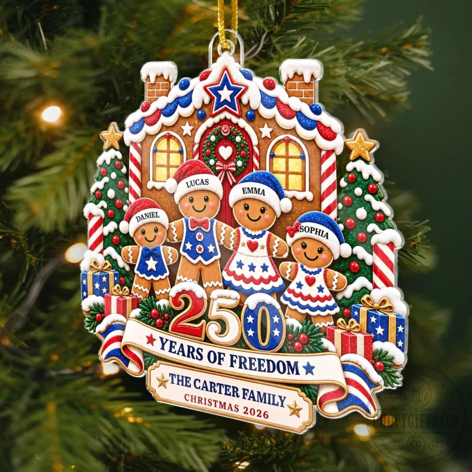 Personalized Gingerbread Family 250 Years of Freedom Christmas Ornament 10 Personalized Gingerbread Family 250 Years of Freedom Christmas Ornament