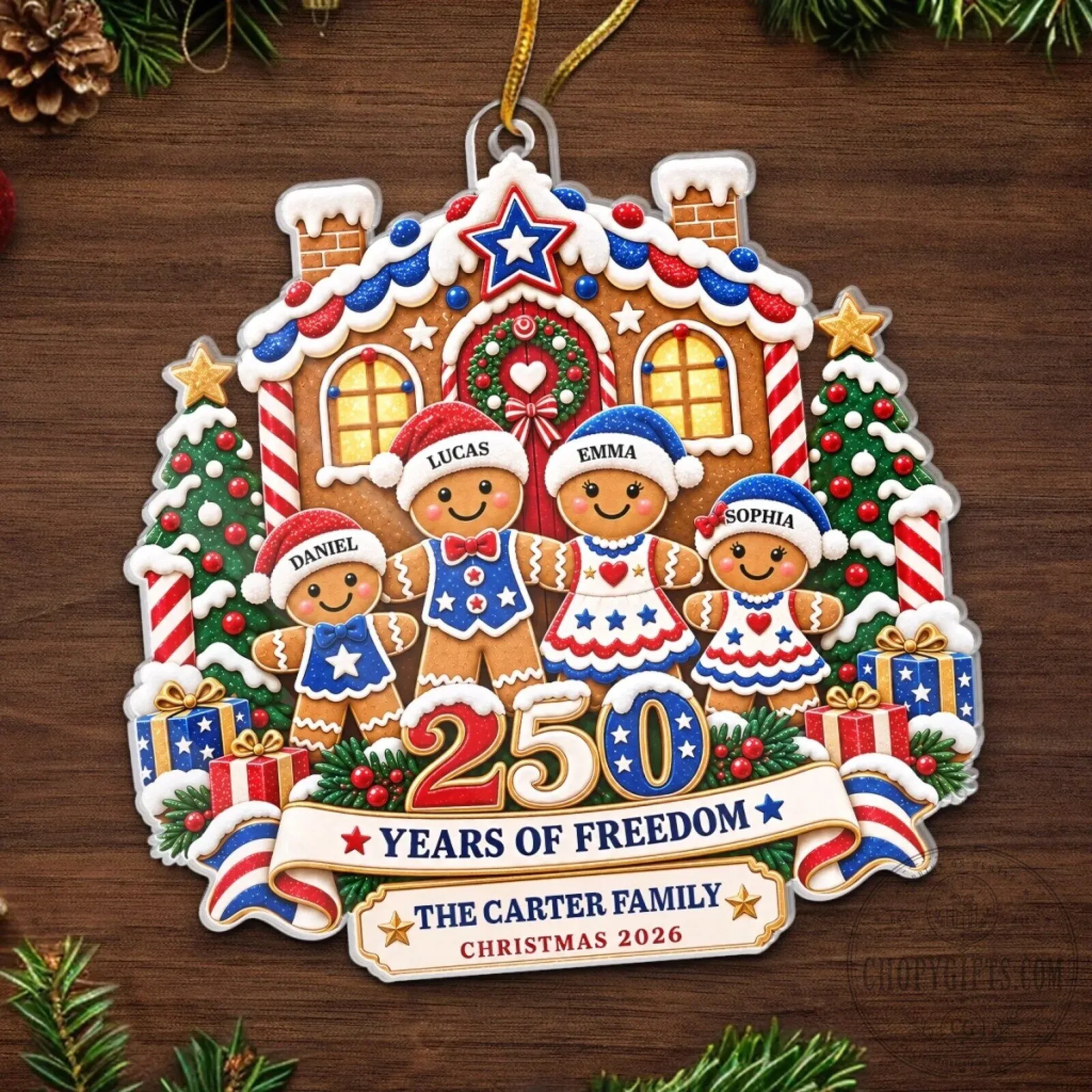 Personalized Gingerbread Family 250 Years of Freedom Christmas Ornament 12 Personalized Gingerbread Family 250 Years of Freedom Christmas Ornament