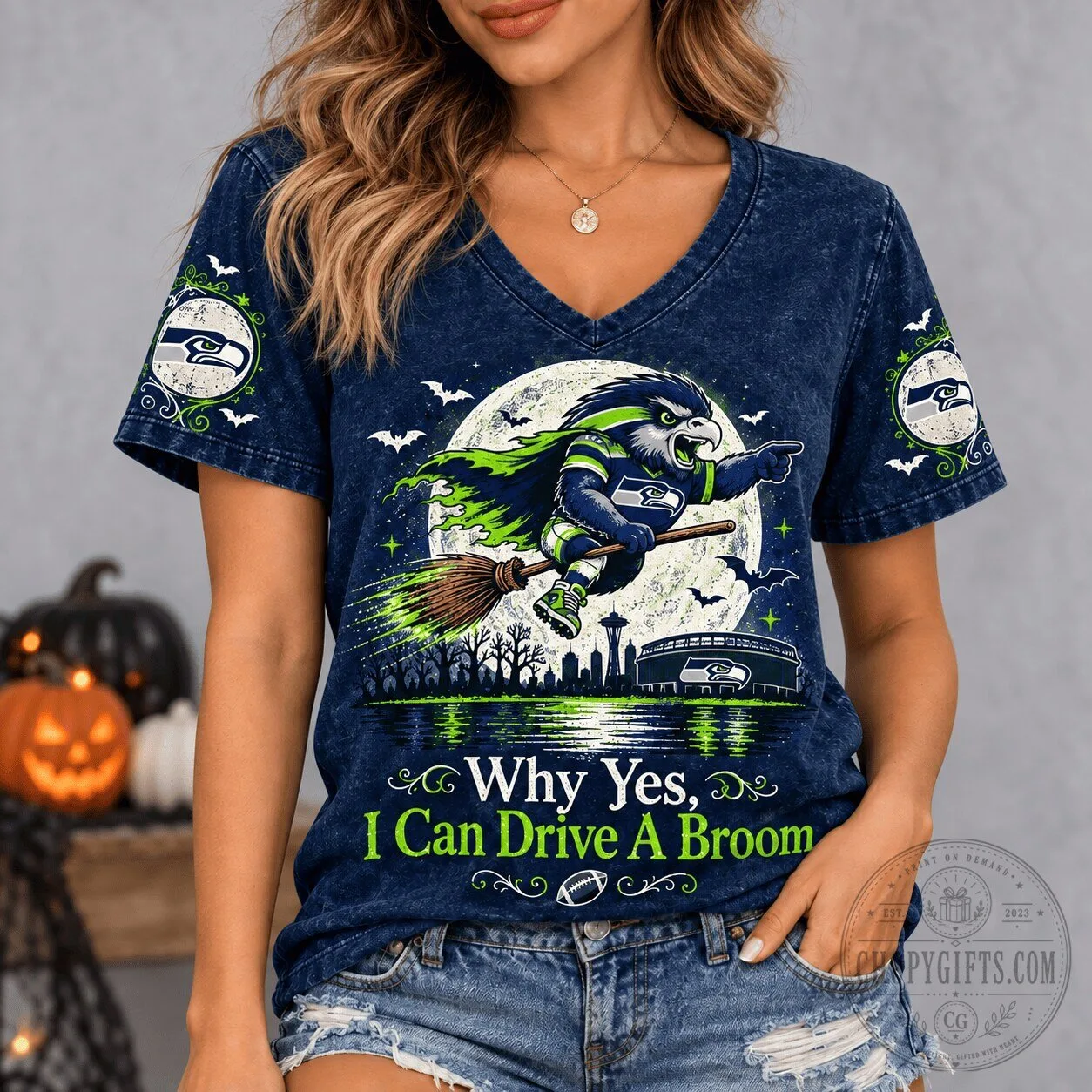 Seattle Seahawks Halloween Witch Spooky Game Day V-Neck T-Shirt