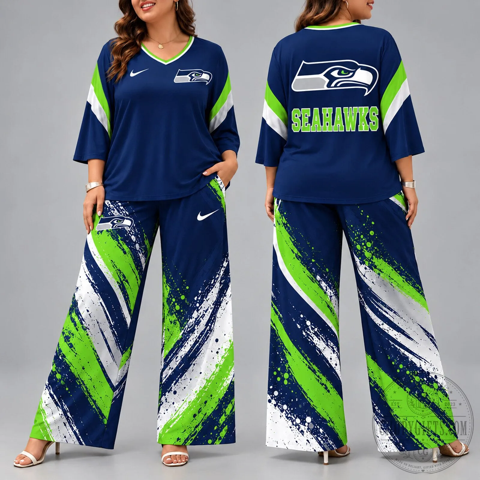 Seattle Seahawks Football Team Fan Wide Leg Pants and V-Neck Shirt Set
