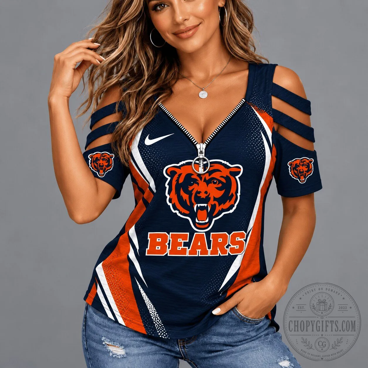 Chicago Bears National Football League Cold Shoulder V-Neck Zipper T-Shirt