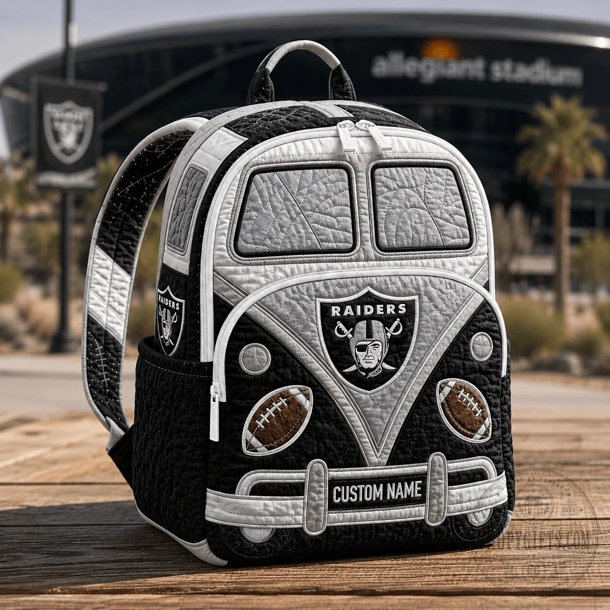 Las Vegas Raiders Personalized Hippie Van Quilted Backpack
