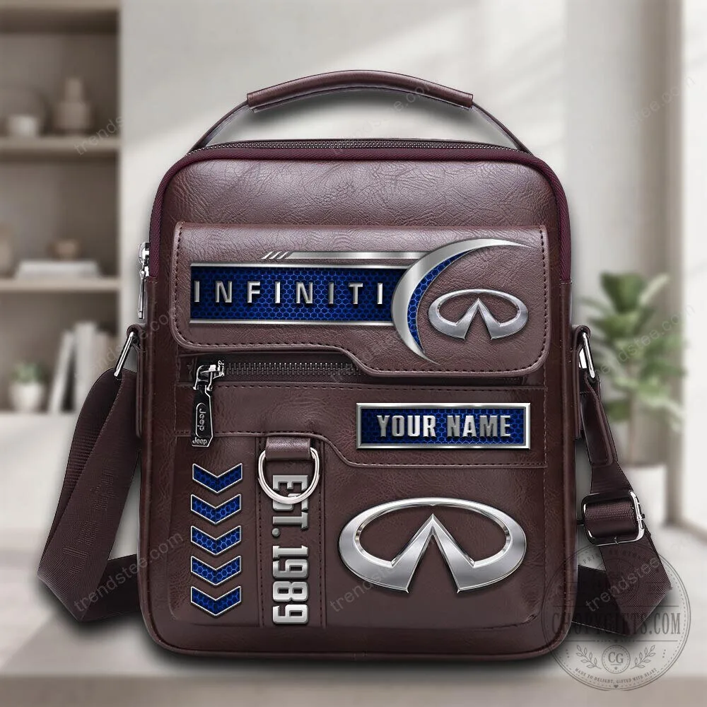 Infiniti Car Logo Personalized Name Brown Leather Crossbody Bag