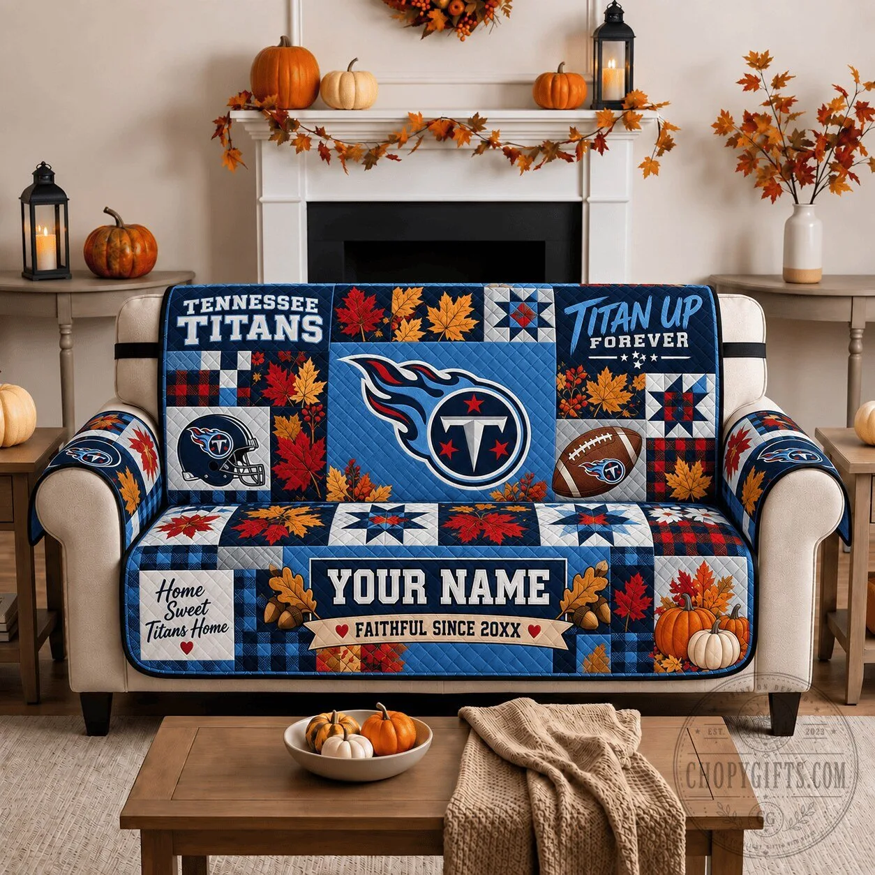 Tennessee Titans Personalized Quilted Sofa Cover with Fall Leaves and Pumpkins