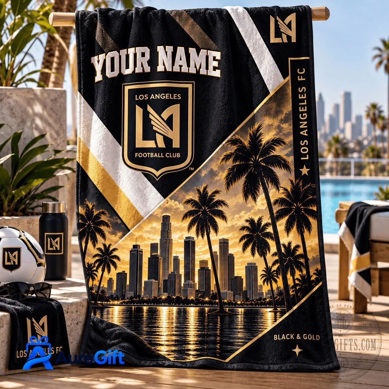 Los Angeles Football Club Personalized Black and Gold Beach Towel