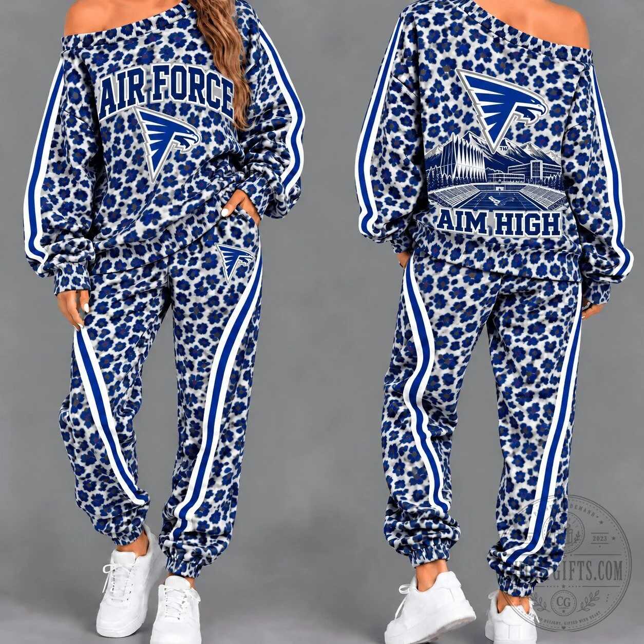 Air Force Falcons Leopard Print Off Shoulder Sweatshirt and Pants Set