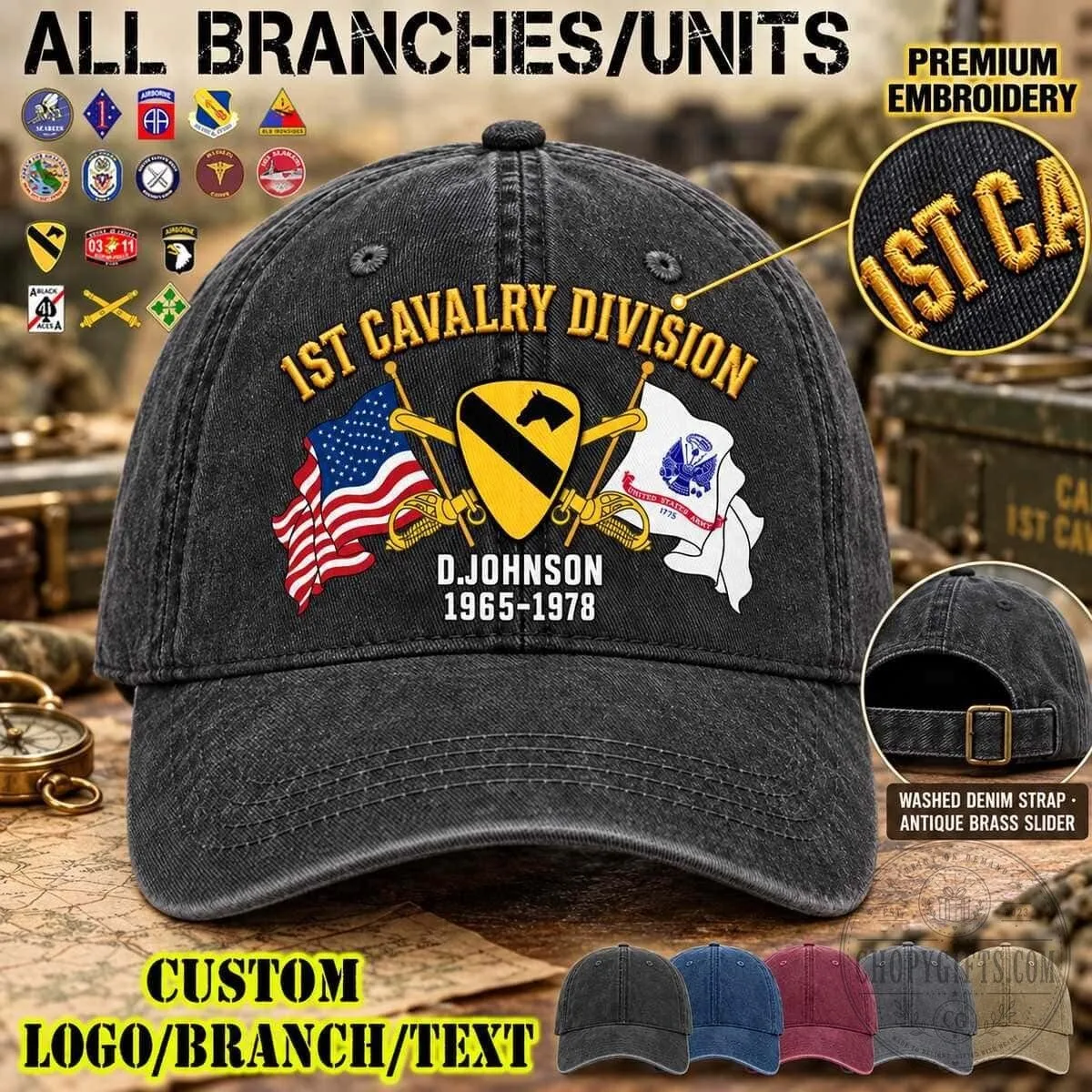 First Cavalry Division United States Army Veteran Embroidered Washed Denim Baseball Cap