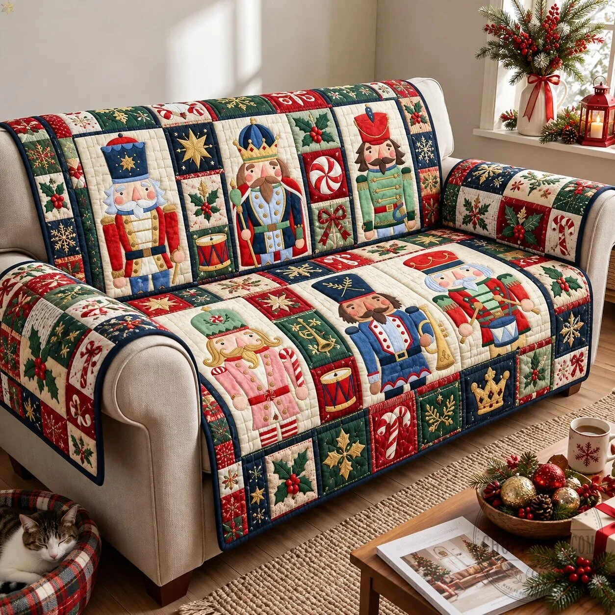 Christmas Nutcracker Parade Quilted Sofa Cover Protector