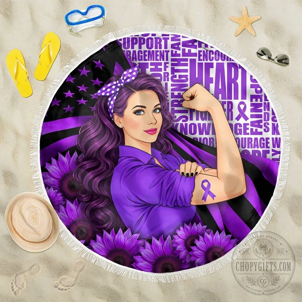 Domestic Violence Awareness Strong Woman Purple Ribbon Sunflower Round Beach Blanket