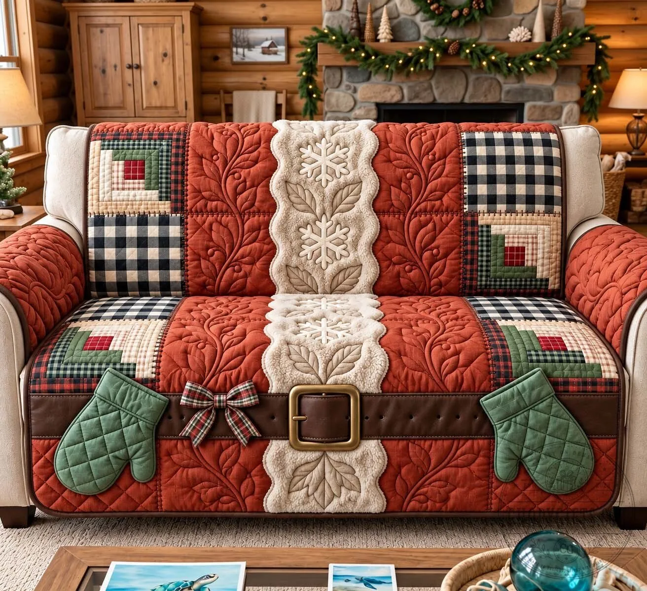 Christmas Santa Claus Quilted Sofa Cover with Mittens