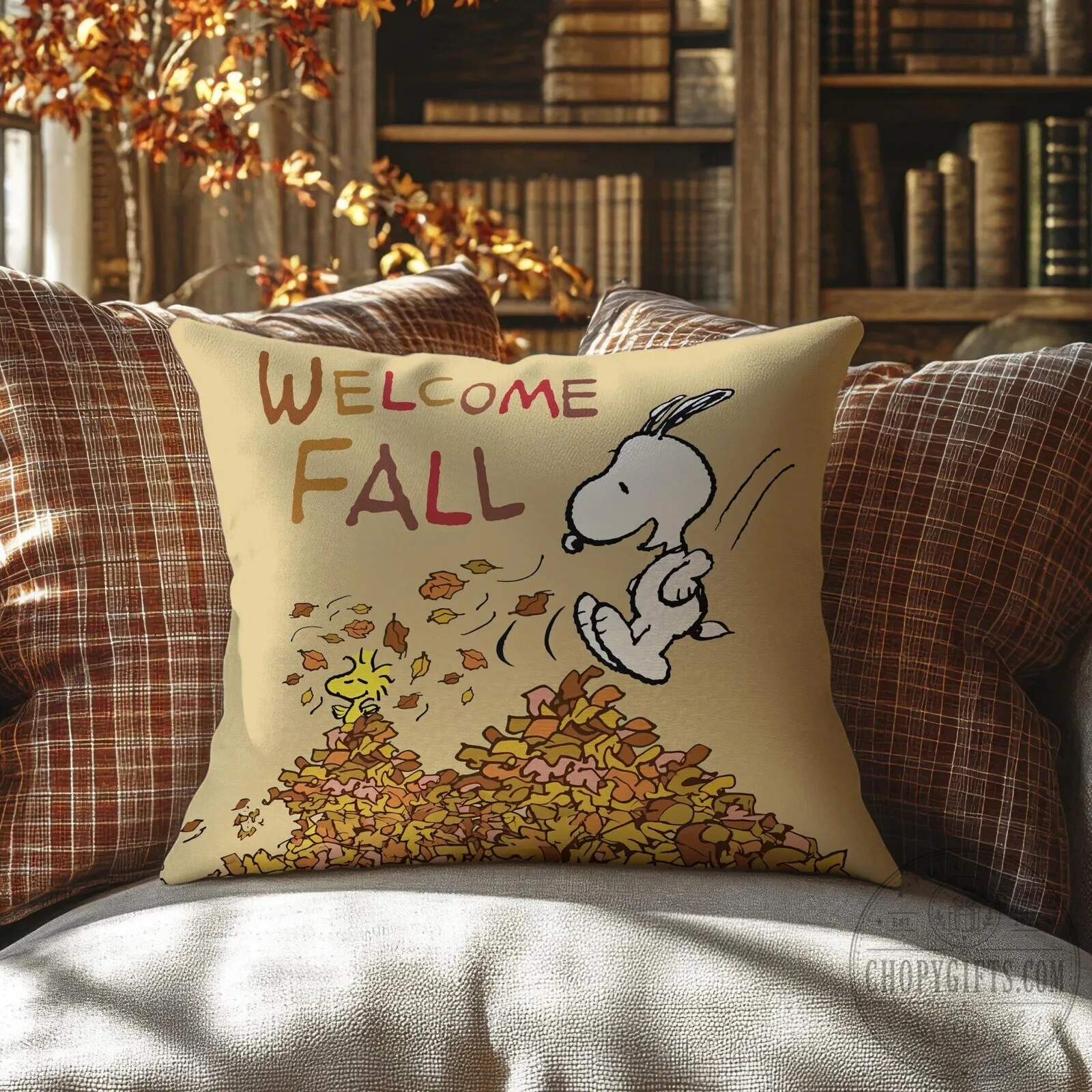 Snoopy and Woodstock Welcome Fall Autumn Leaves Decorative Pillow