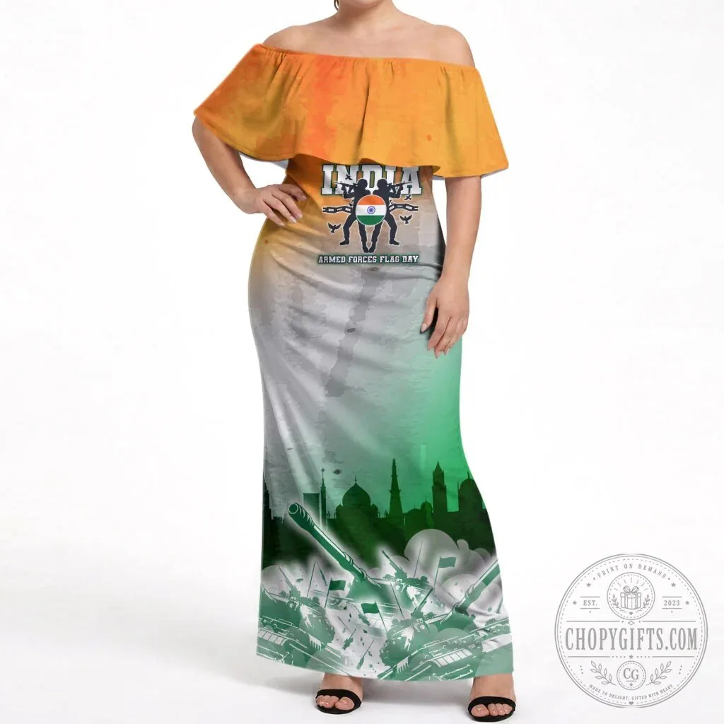 India Armed Forces Flag Day Off Shoulder Maxi Dress, Indian Military Silhouette