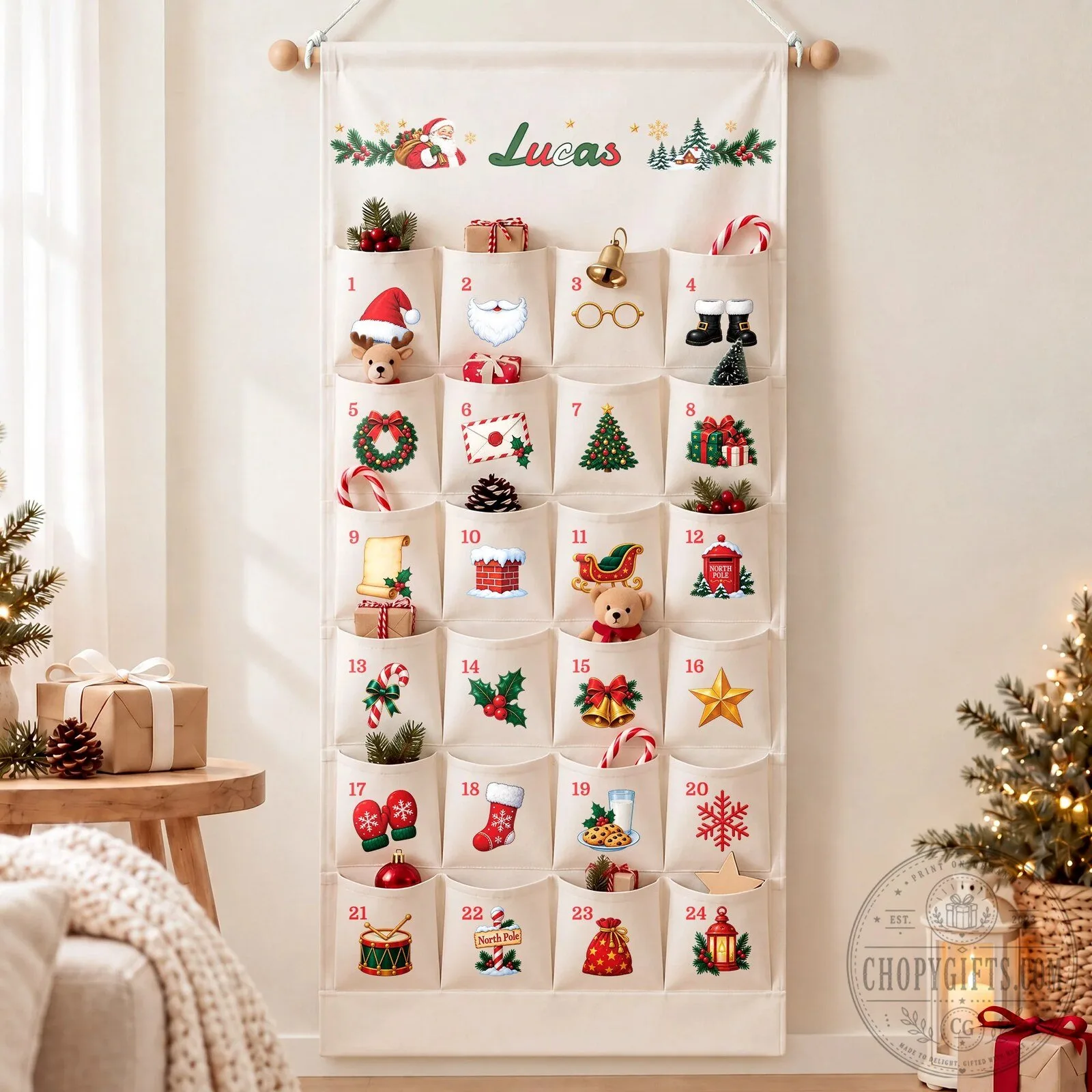 Personalized Reindeer Christmas Advent Calendar Wall Hanging with Pockets