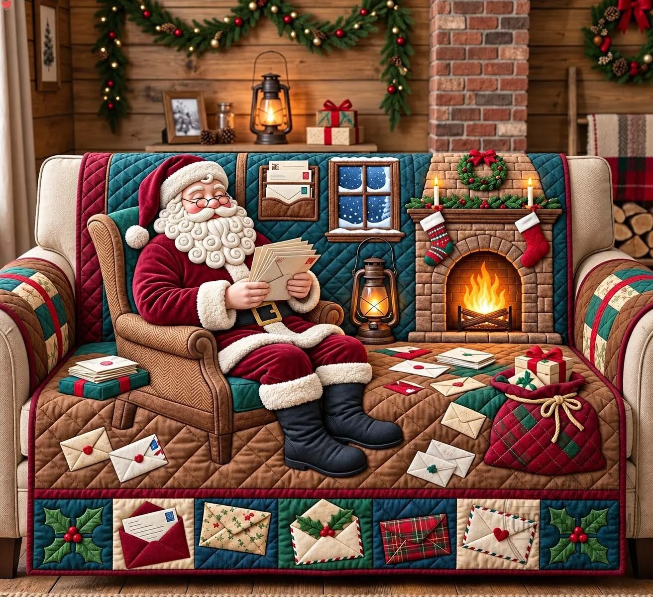 Christmas Santa Claus Reading Letters Quilted Sofa Cover Protector