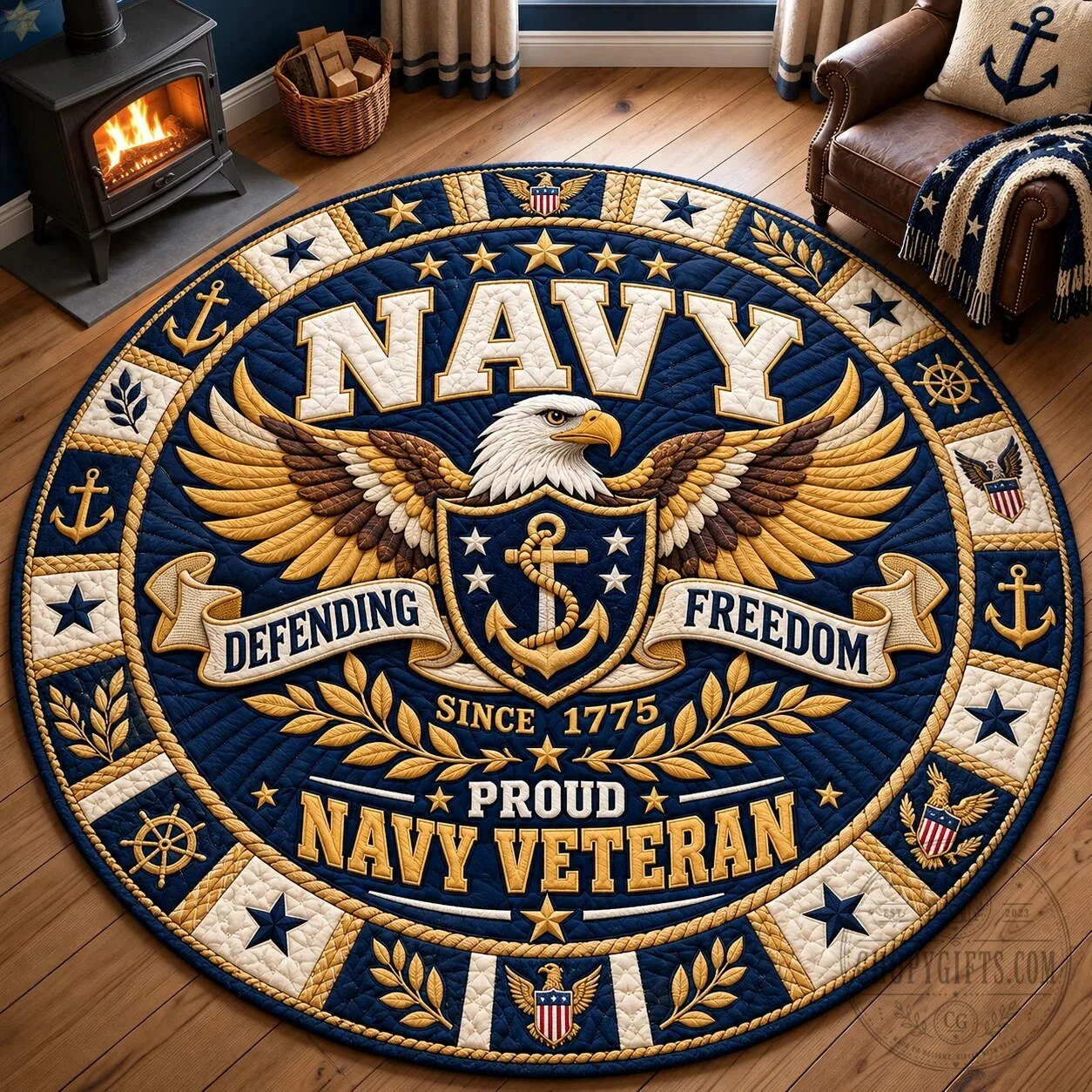 United States Navy Defending Freedom Proud Veteran Round Floor Mat