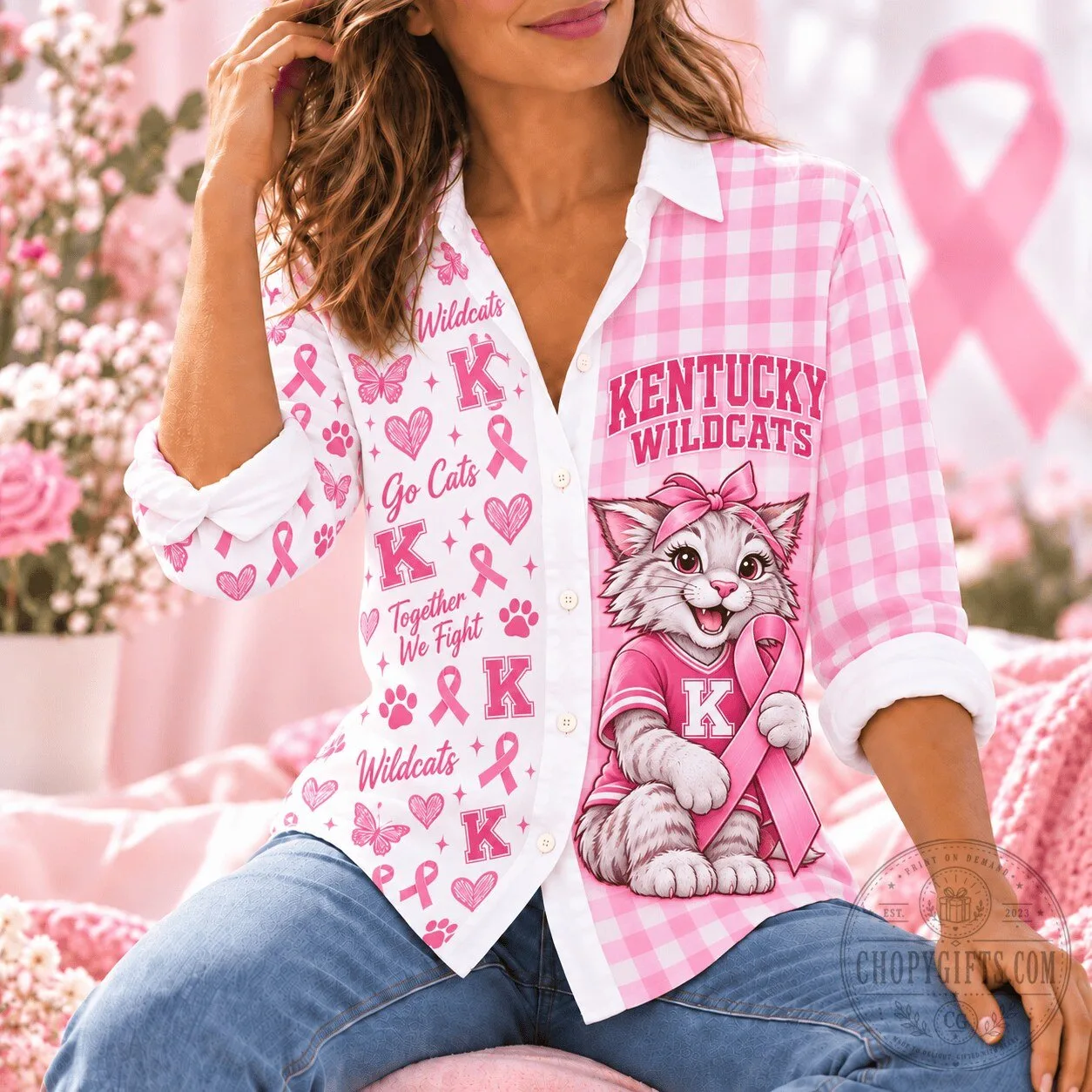 Kentucky Wildcats Breast Cancer Awareness Pink Gingham Button Down Shirt for Women