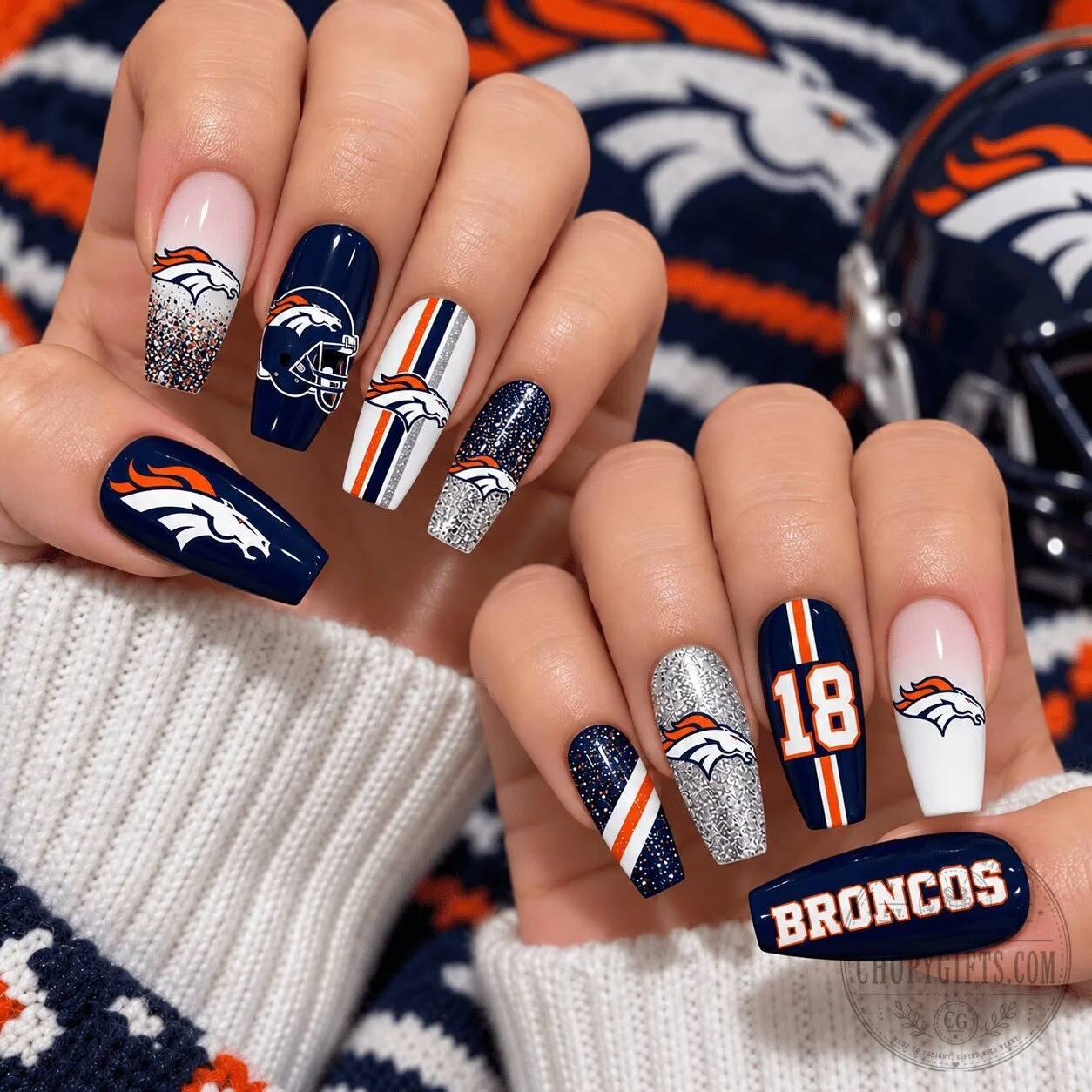 Denver Broncos National Football League Game Day Glitter Press On Nails