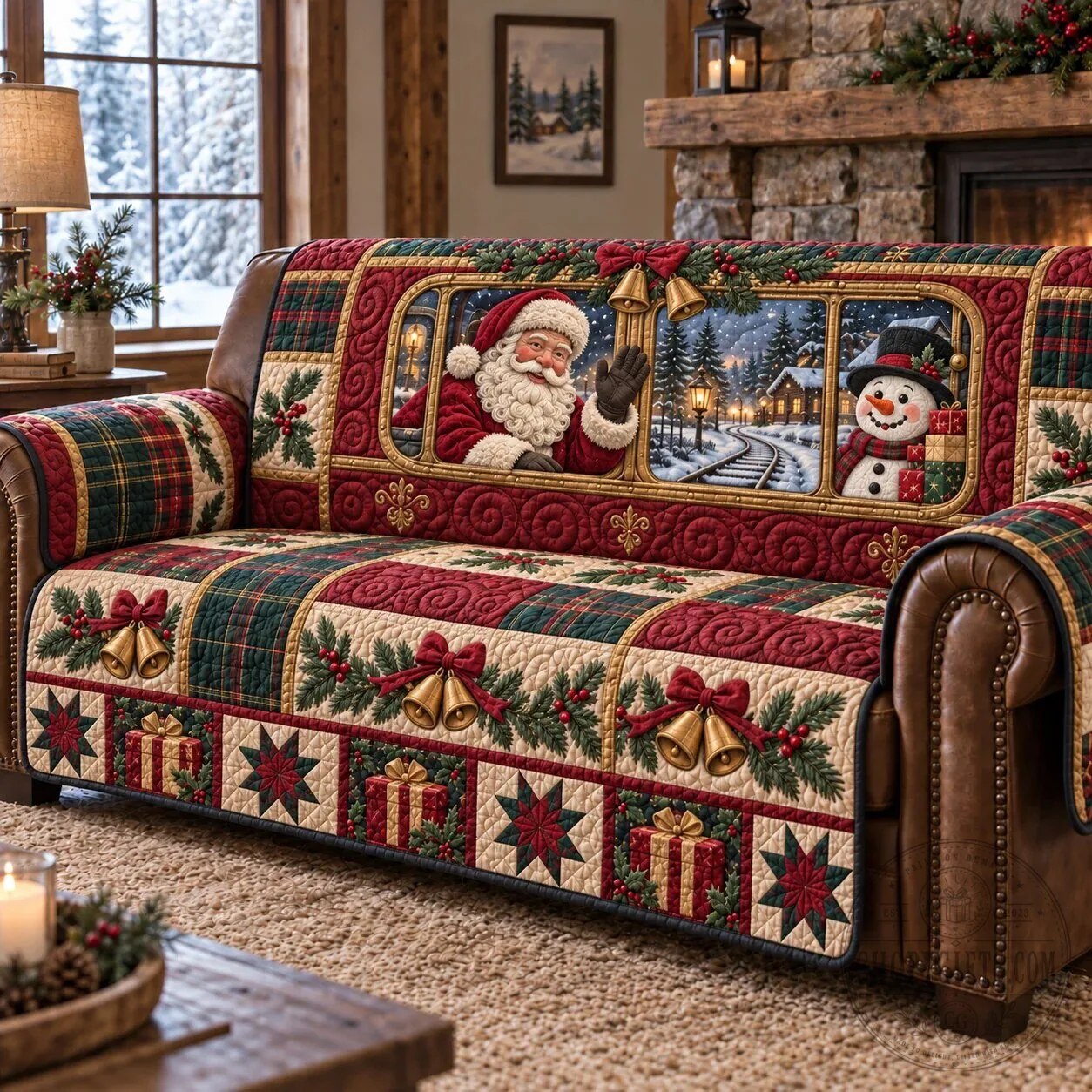 Christmas Santa Claus and Snowman Holiday Quilted Sofa Cover 6 Christmas Santa Claus and Snowman Holiday Quilted Sofa Cover